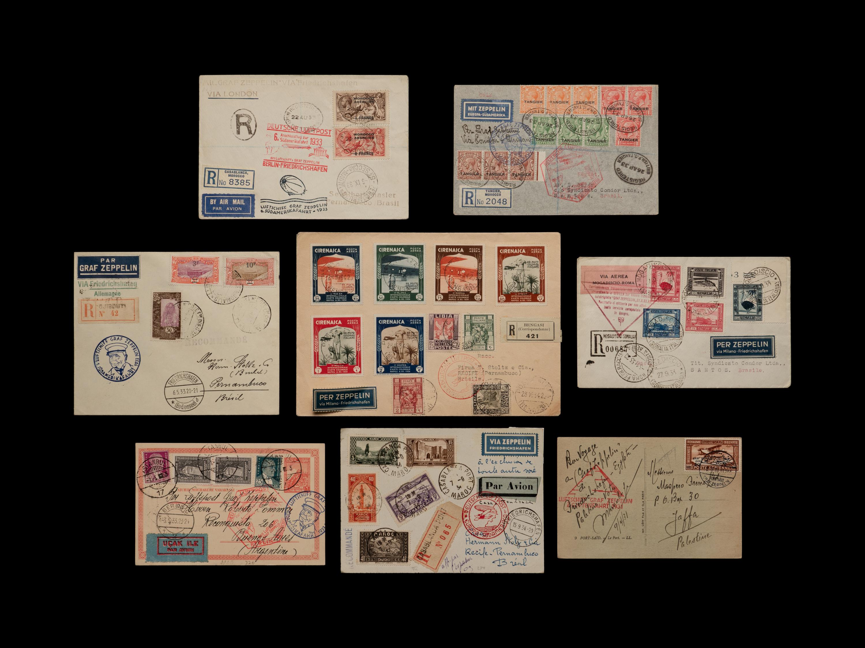 [FLIGHT COVERS] A Collection of Middle Eastern and North Africa Dispatched Zeppelin Flight Covers and Postcards