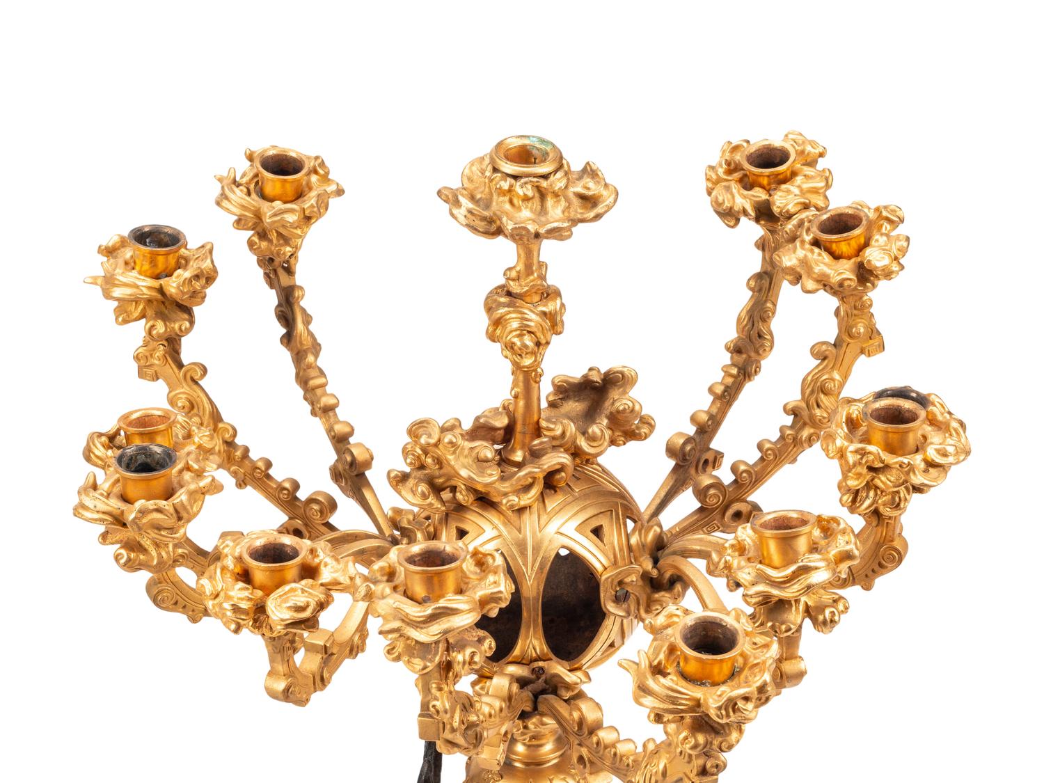 A Pair of French Japonesque Gilt and Patinated Bronze Thirteen-Light Candelabra