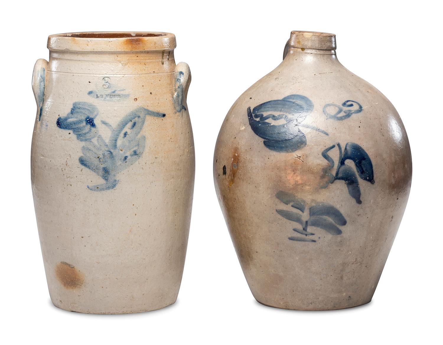 Two Three-Gallon Cobalt Decorated Stoneware Vessels