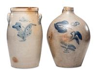 Two Three-Gallon Cobalt Decorated Stoneware Vessels