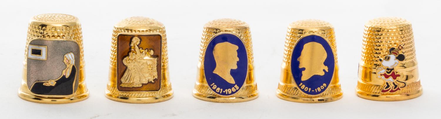 Five Gold Tone Collector Thimbles Height of first 3/4 inch.