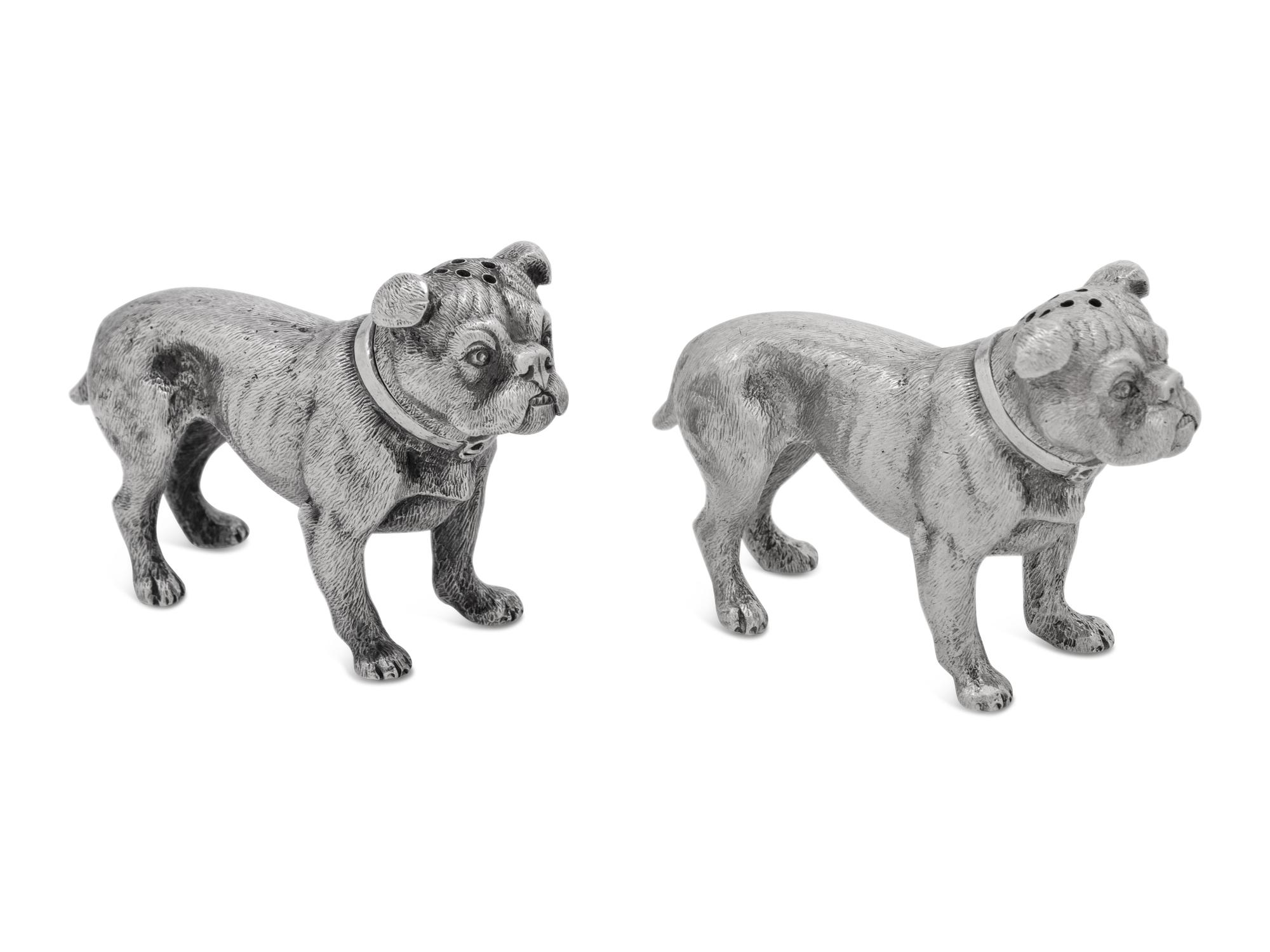 A Pair of Silver Salt and Pepper Shakers in the Form of Bulldogs