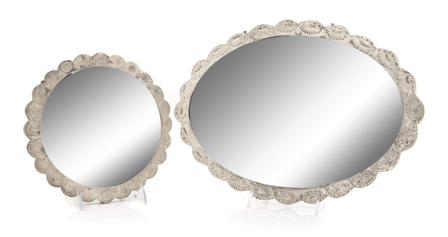 Two Ottoman Empire Style Turkish Silver Mirrors, Bedo, 20th Century, comprising an oval and a circular example, each having a scalloped