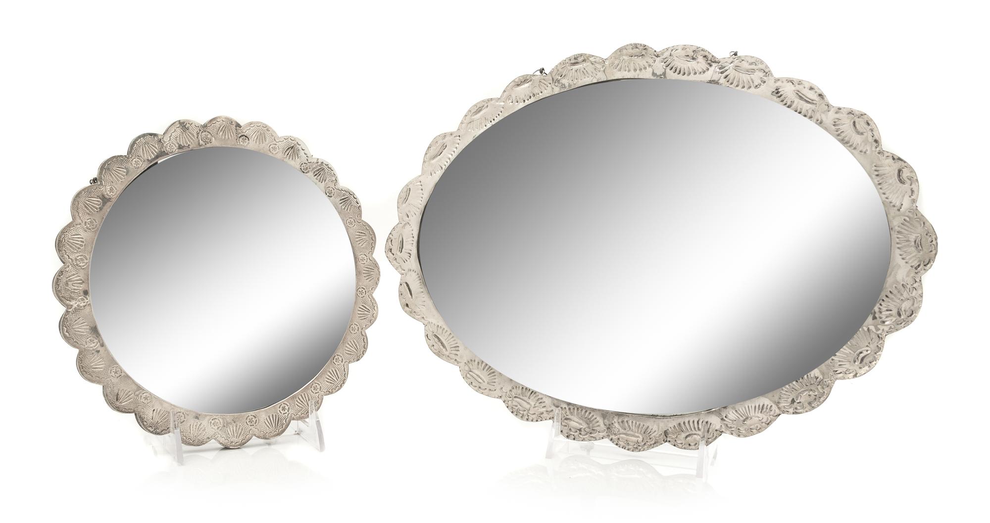 Two Ottoman Empire Style Turkish Silver Mirrors, Bedo, 20th Century, comprising an oval and a circular example, each having a scalloped