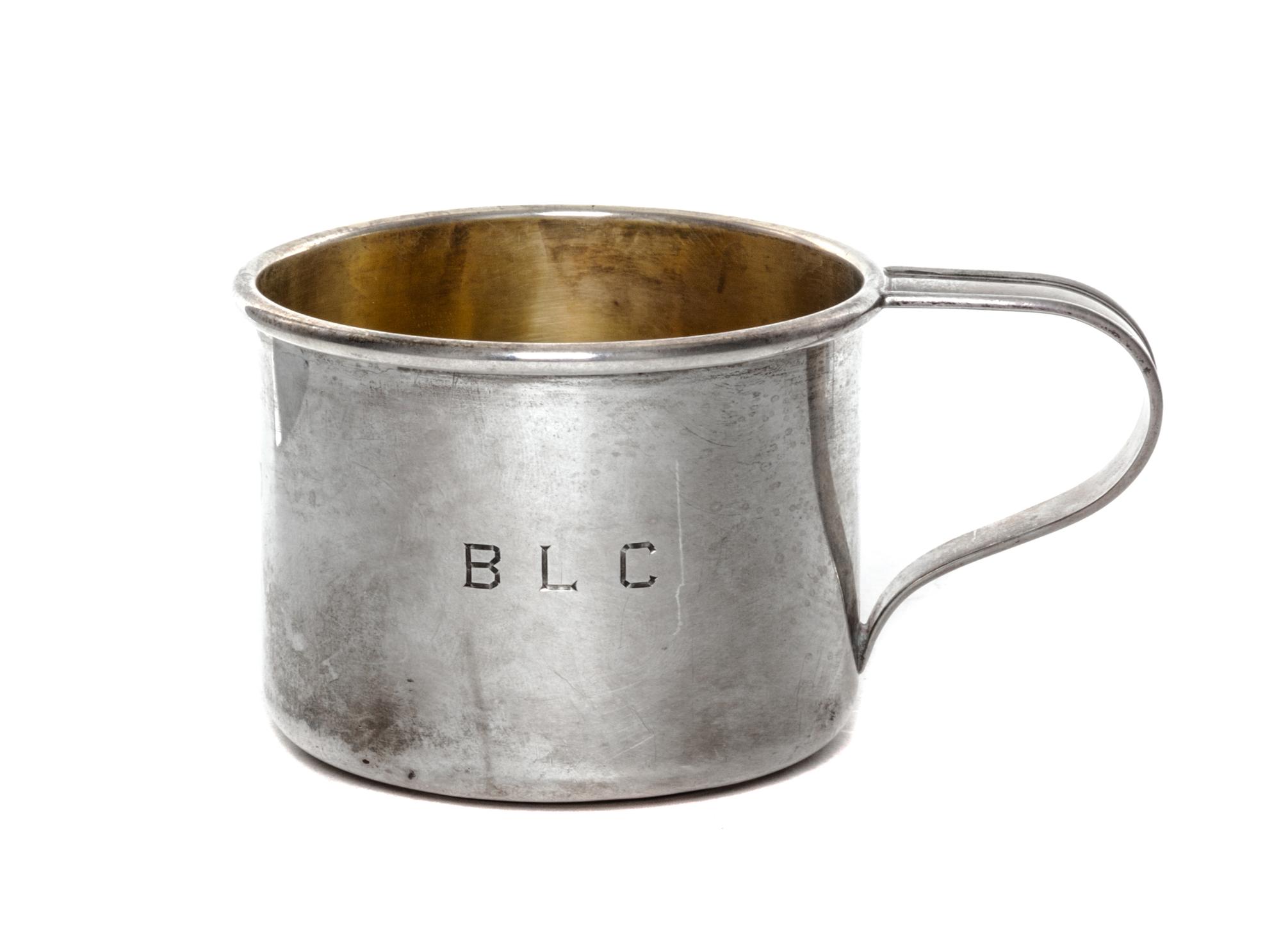 An American Silver Childrens Mug, Gorham Mfg. Co., Providence, RI, of typical form and monogrammed BLC on side.