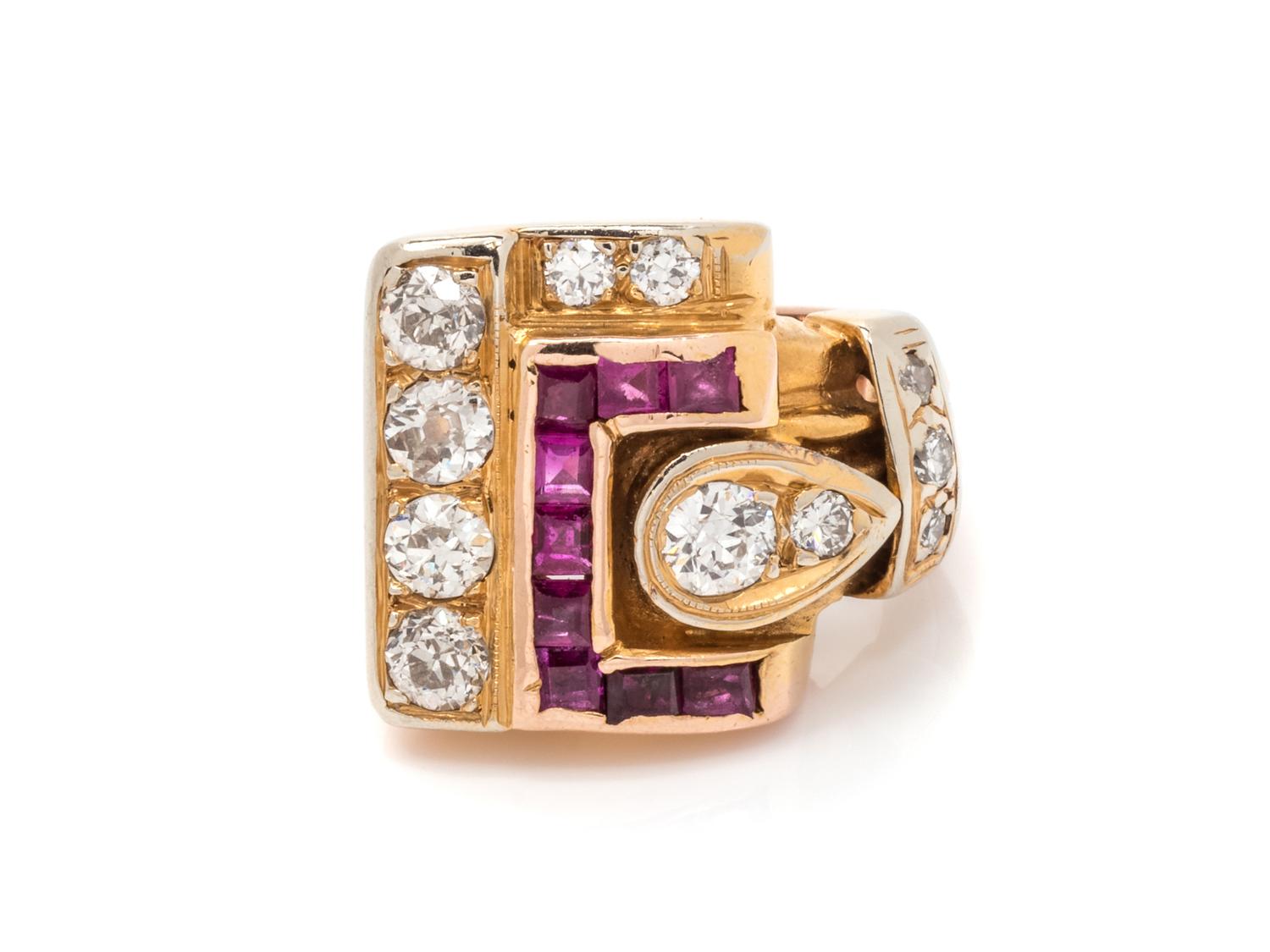 A Rose Gold, Diamond and Ruby Buckle Motif Ring,