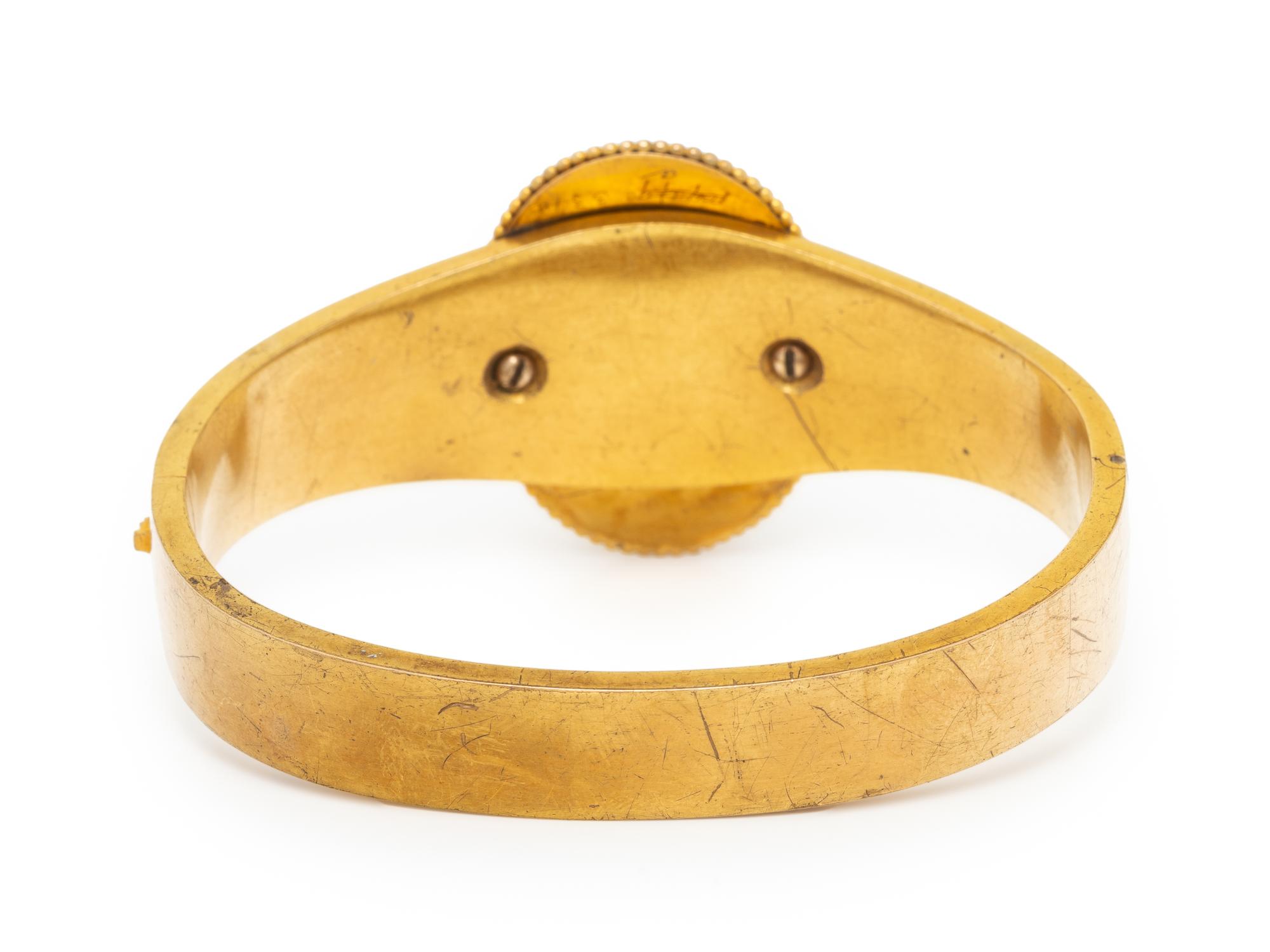 VICTORIAN, YELLOW GOLD, GARNET, DIAMOND, AND ENAMEL BANGLE BRACELET