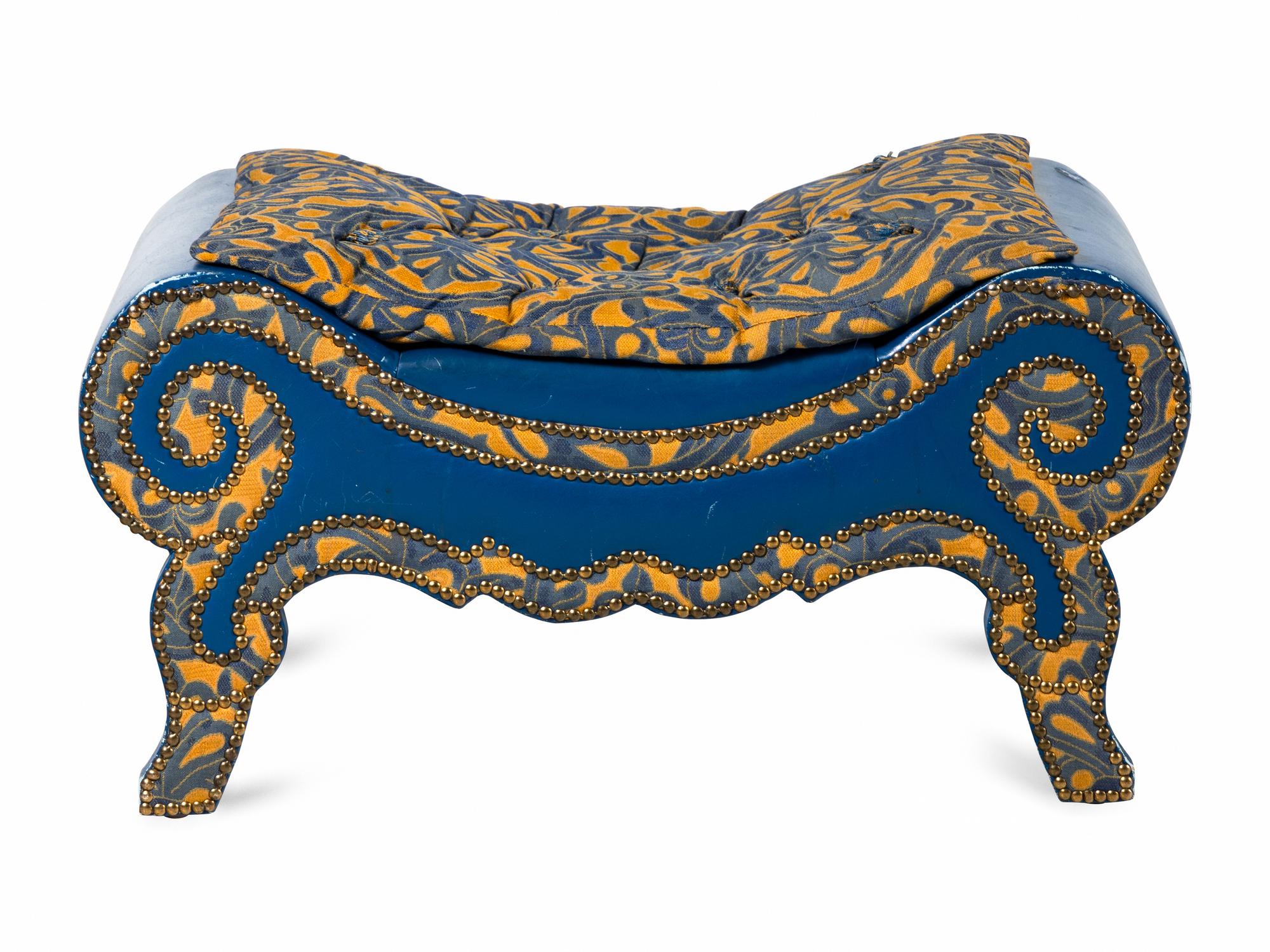 A Blue Leather Scrolled Stool