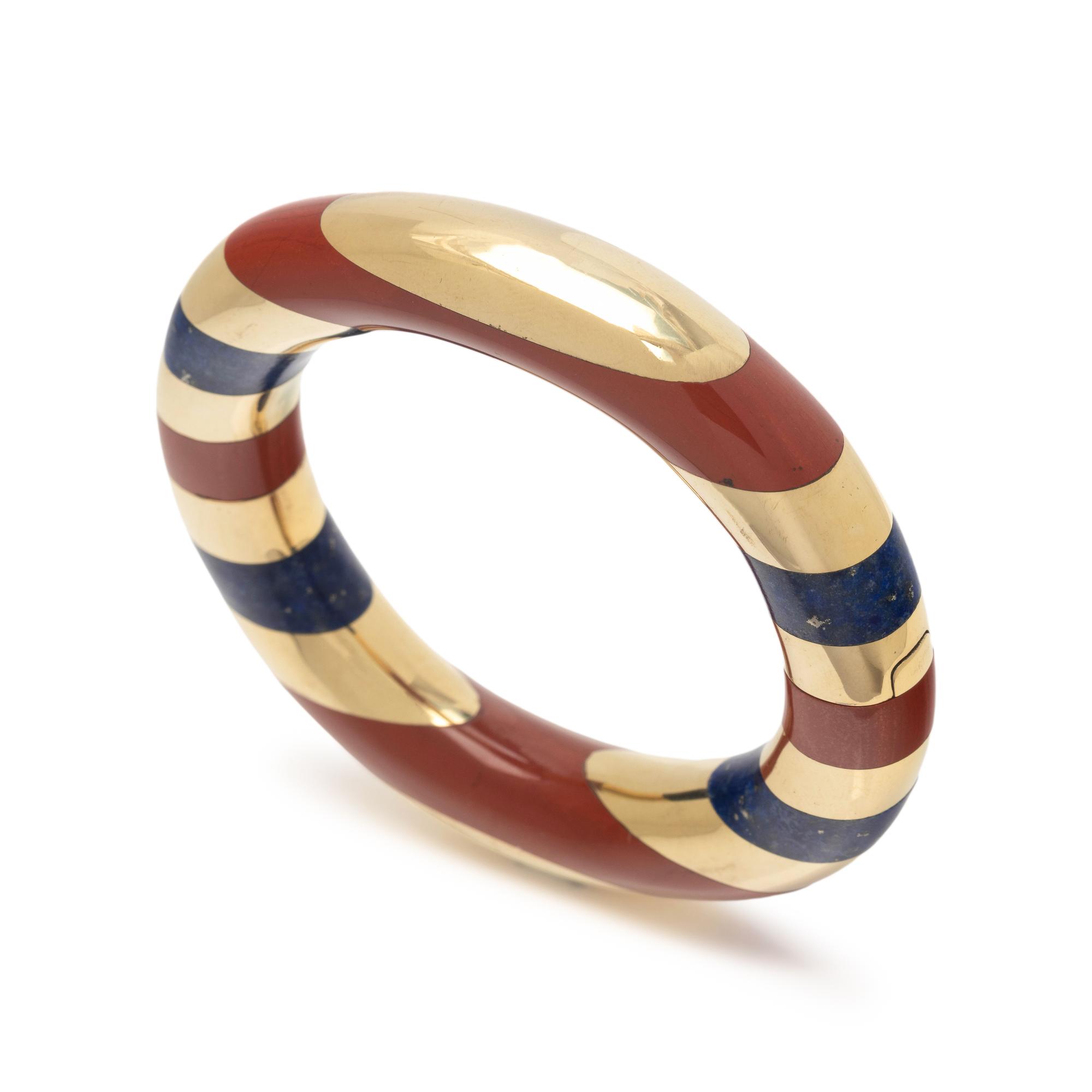 TIFFANY & CO., ANGELA CUMMINGS, YELLOW GOLD, LAPIS LAZULI AND JASPER BANGLE BRACELET
