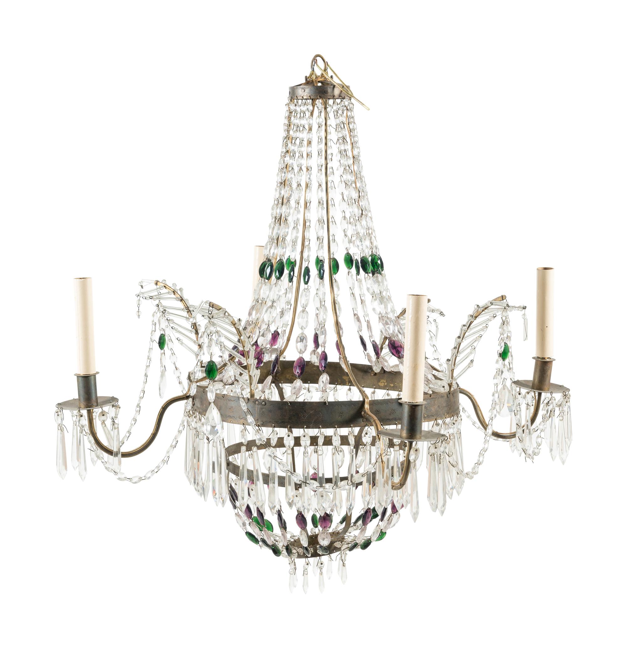An Empire Style Gilt Metal and Glass Four-Light Chandelier