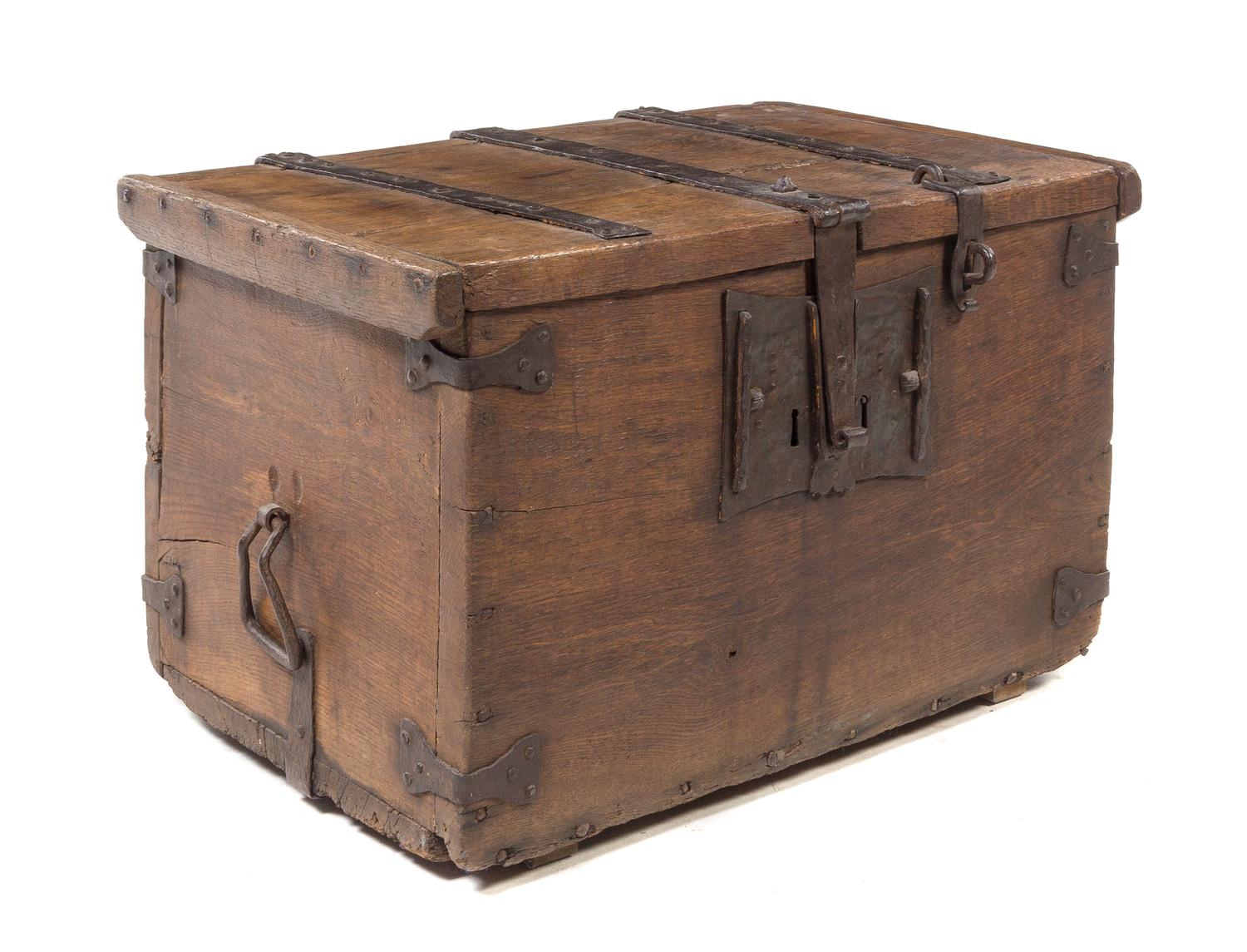 A Continental Wrought Iron Mounted Oak Strongbox Height 19 3/4 x width 33 1/4 x depth 22 inches. — 17TH CENTURY