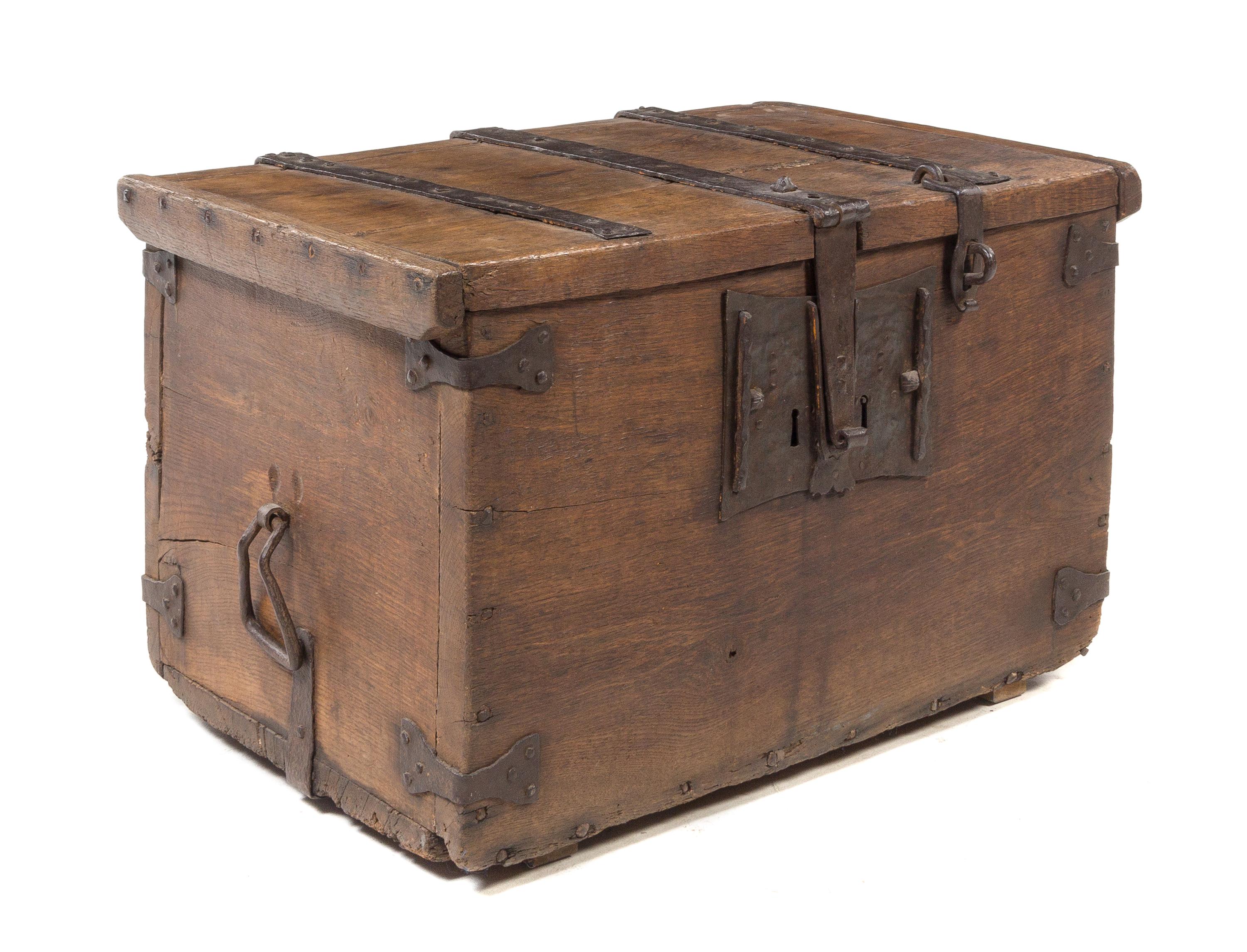 A Continental Wrought Iron Mounted Oak Strongbox Height 19 3/4 x width 33 1/4 x depth 22 inches. — 17TH CENTURY