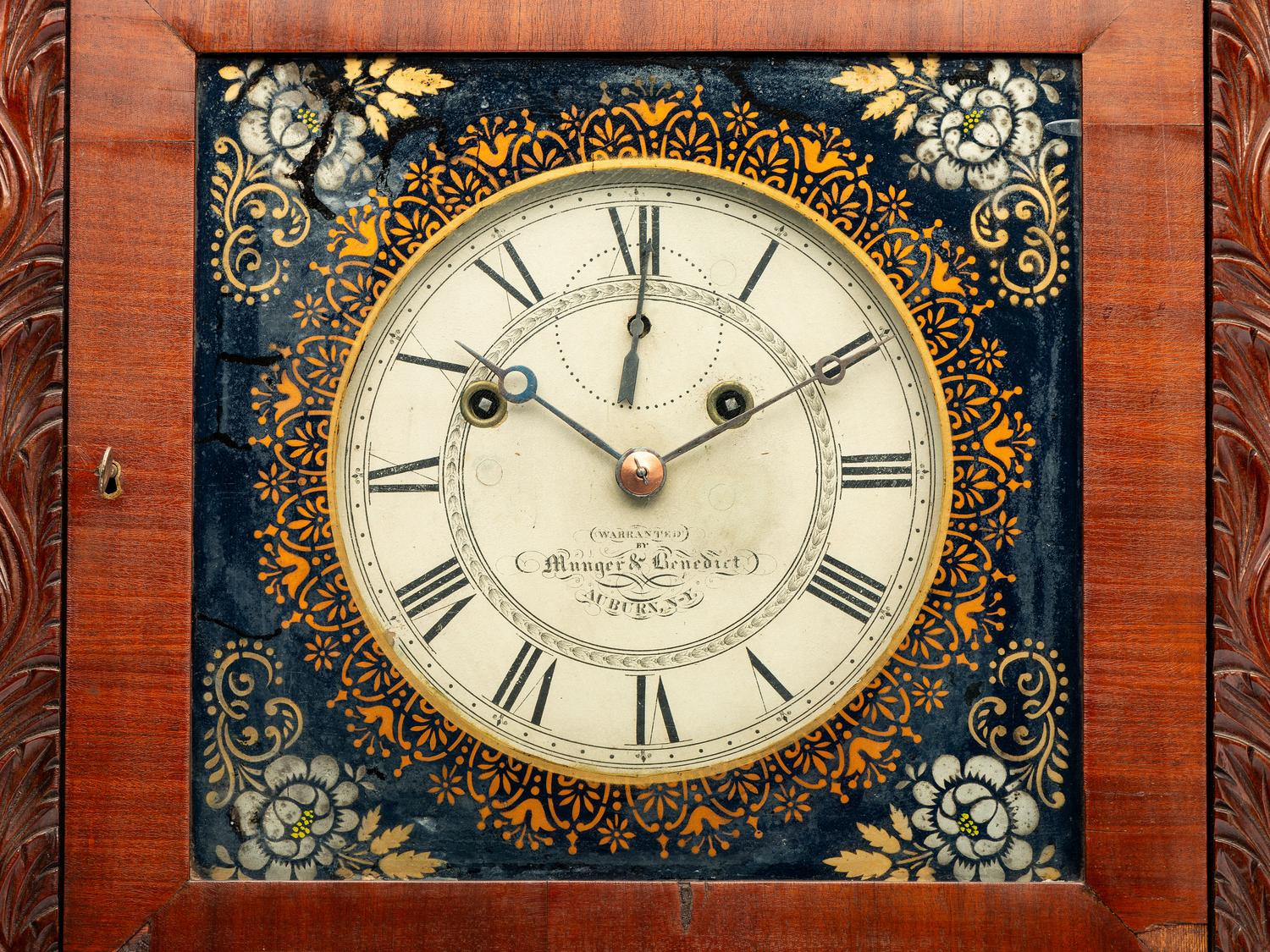 An American Classical Mahogany Eglomise Mantel Clock