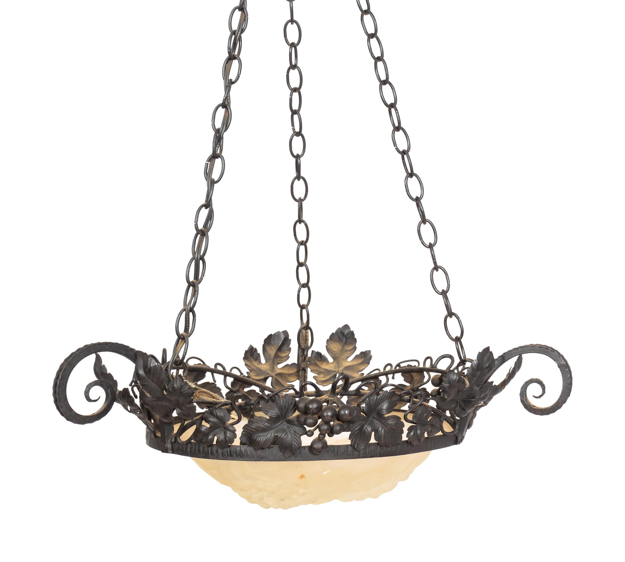 A French Wrought Iron and Frosted Glass Plafonnier