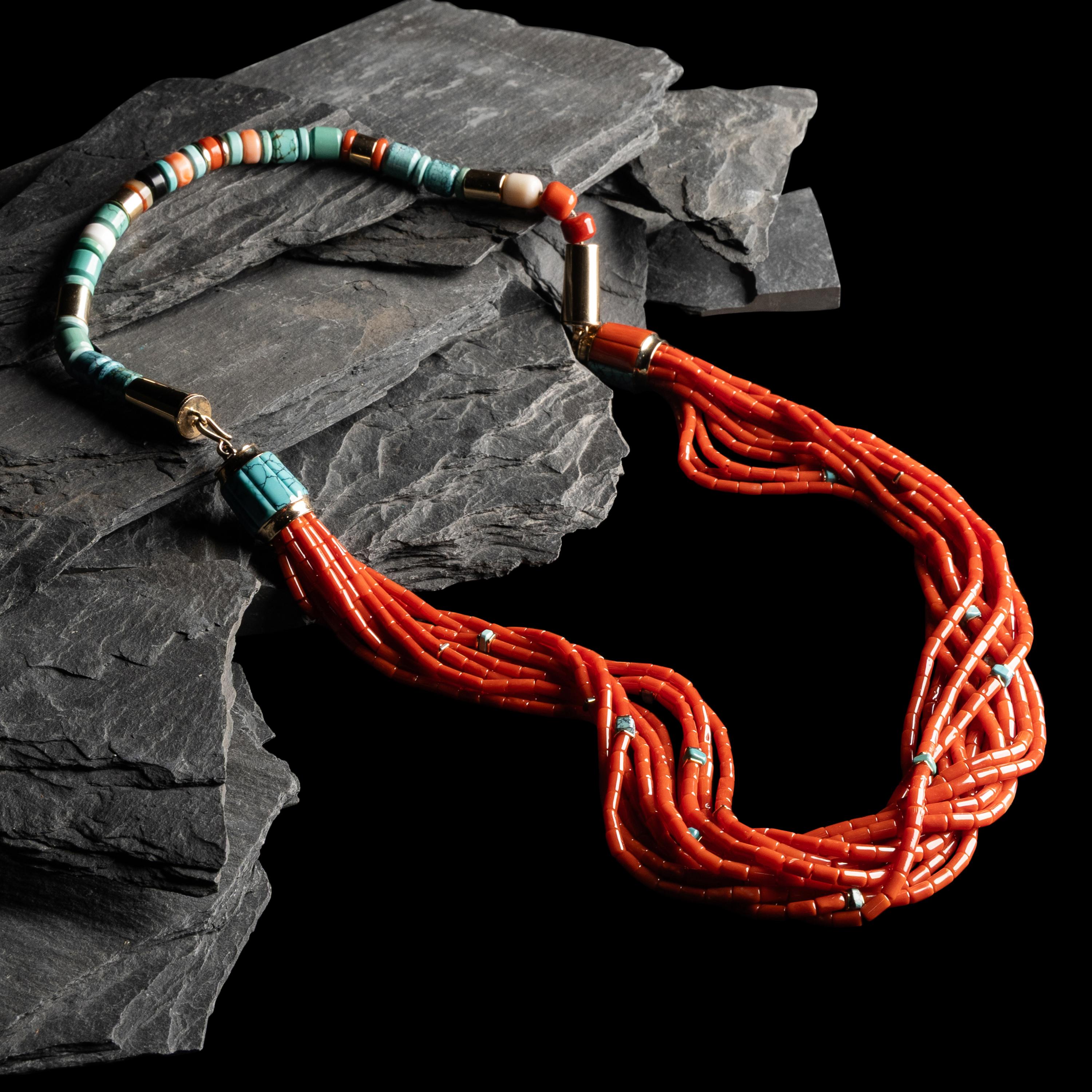 Victor Beck, Attributed (Diné, 1941-2022) — Multi-Strand Coral and Turquoise Necklace, with Yellow Gold Accents