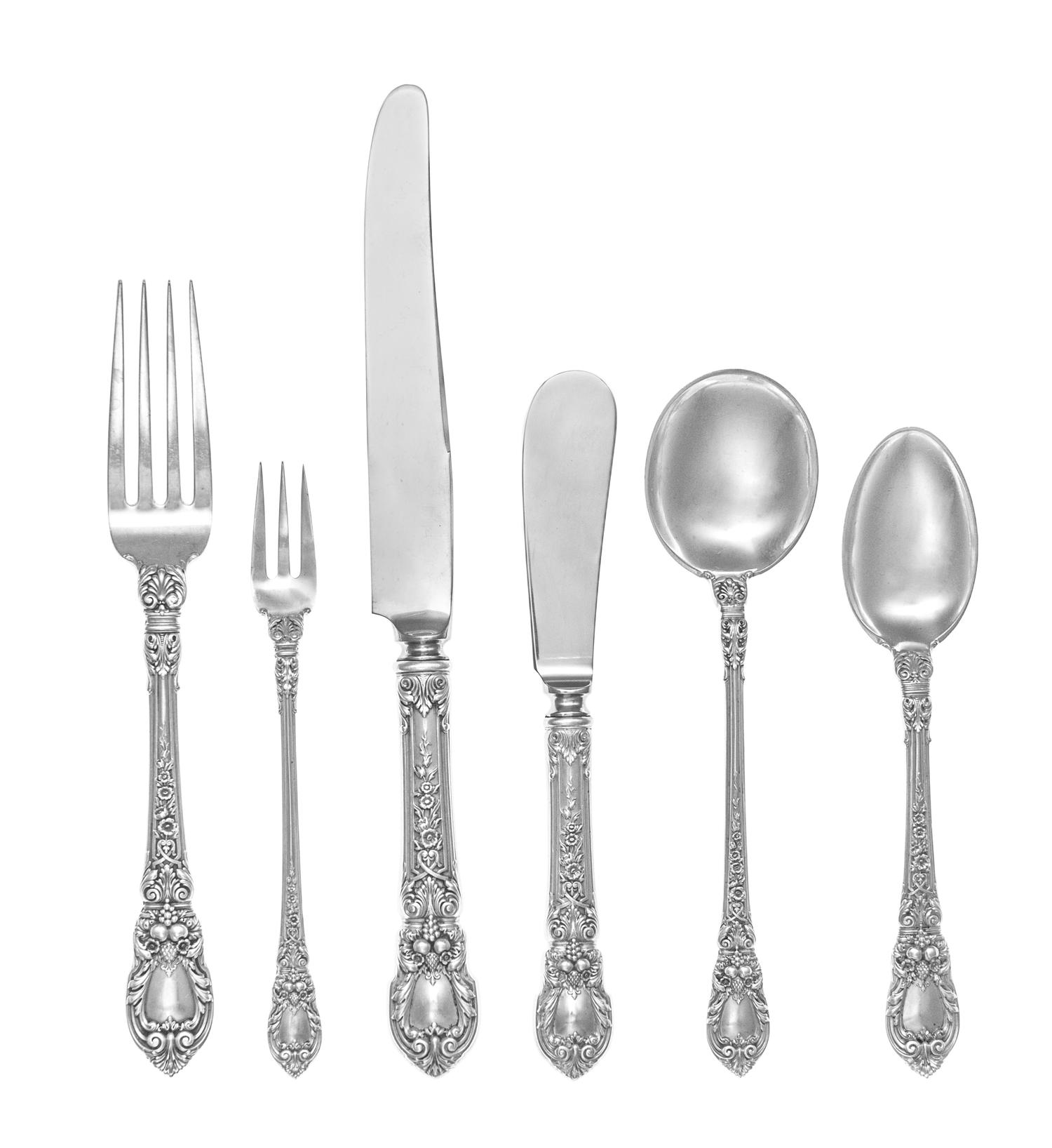 An American Silver Flatware Service, Lunt Silversmiths, Greenfield, MA, Charles II pattern, comprising: 18 dinner knives 18 butter spre