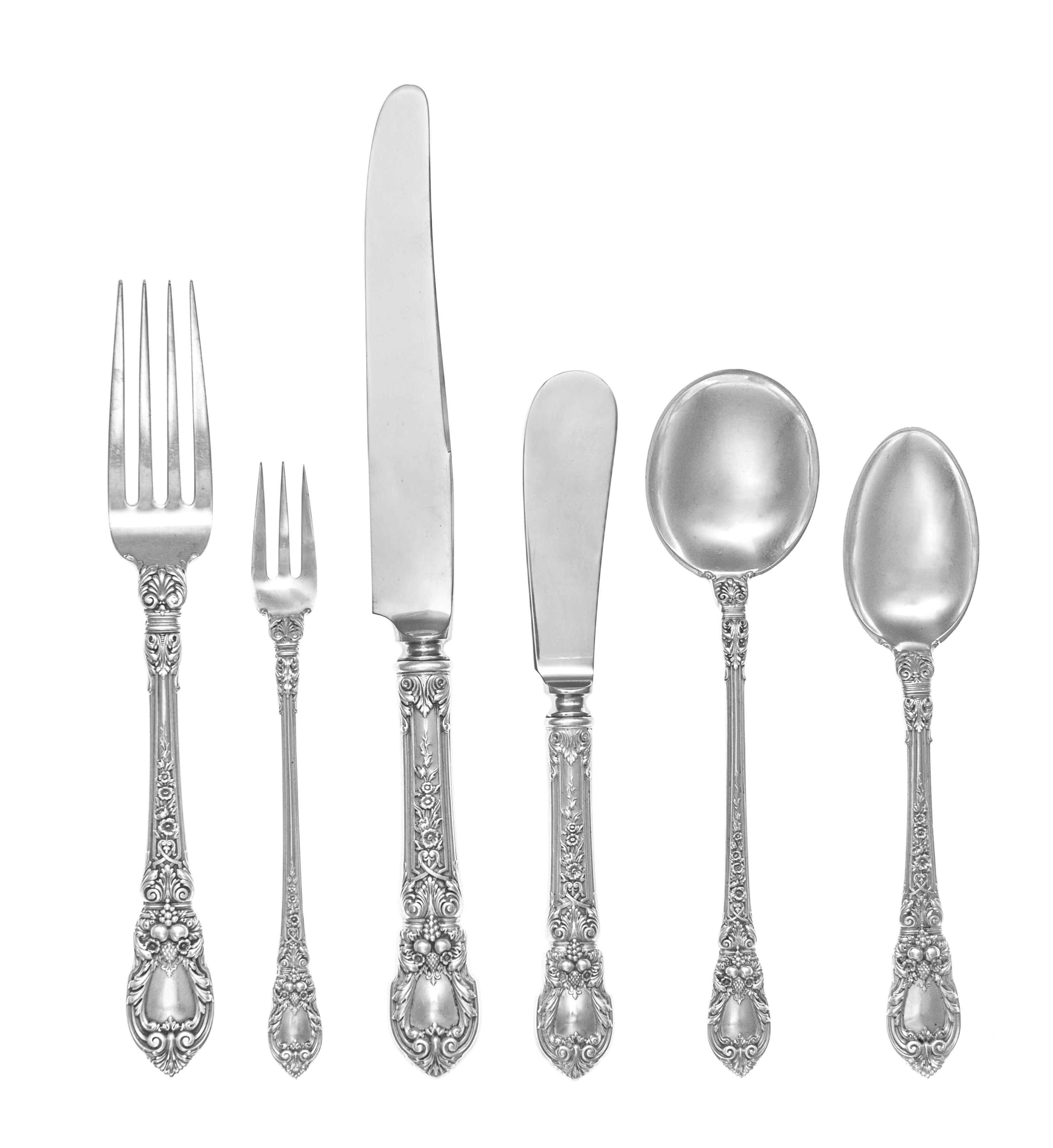 An American Silver Flatware Service, Lunt Silversmiths, Greenfield, MA, Charles II pattern, comprising: 18 dinner knives 18 butter spre
