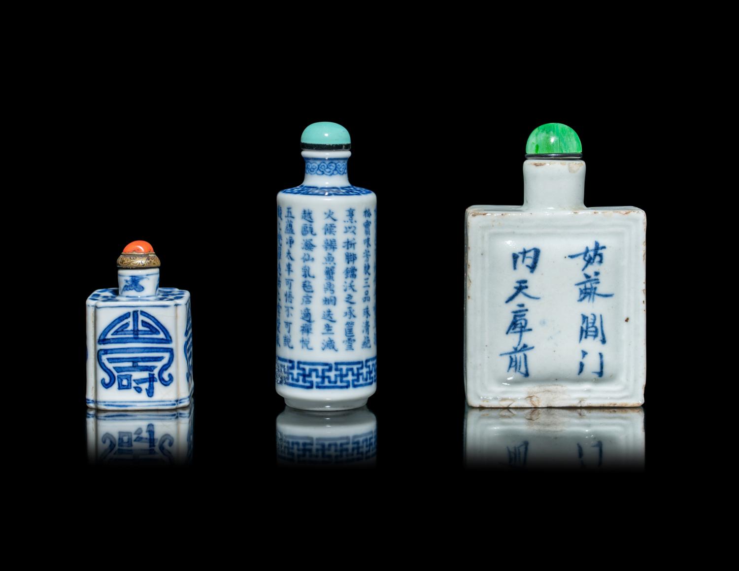 Three Chinese Blue and White Porcelain Snuff Bottles