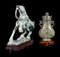 Two Chinese Carved Green Hardstone Covered Vases and A Carved Jadeite Figure of a Horse