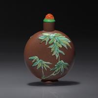 A Chinese Enameled Yixing Stoneware Snuff Bottle, Qing Dynasty, Circa 1780-1850 — 1780-1850年 宜興紫砂喜上眉梢圖鼻煙壺