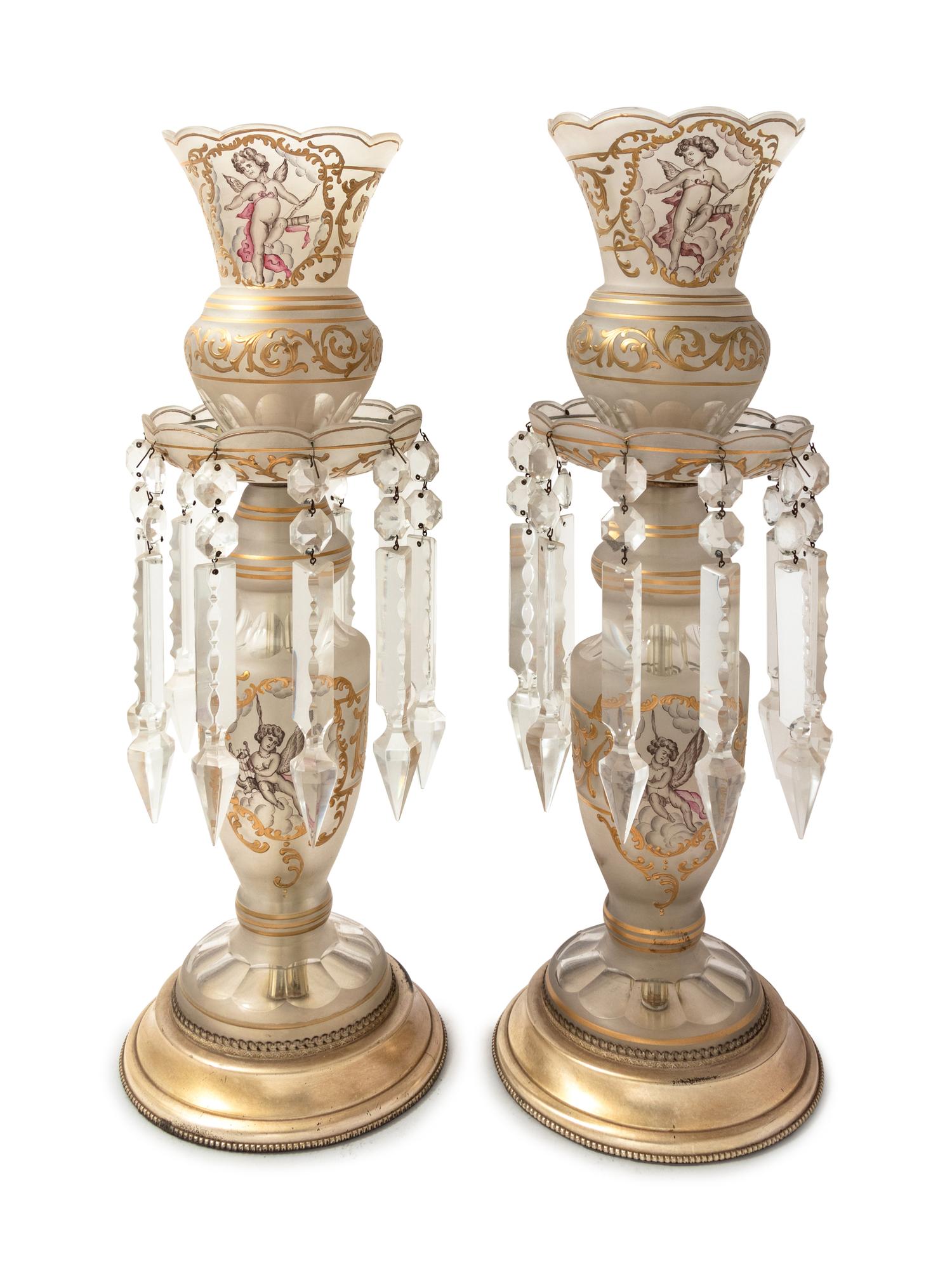 A Pair of Victorian Enameled Frosted Glass Girandoles