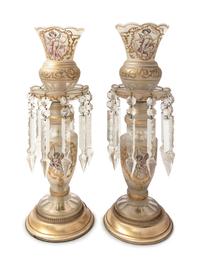 A Pair of Victorian Enameled Frosted Glass Girandoles