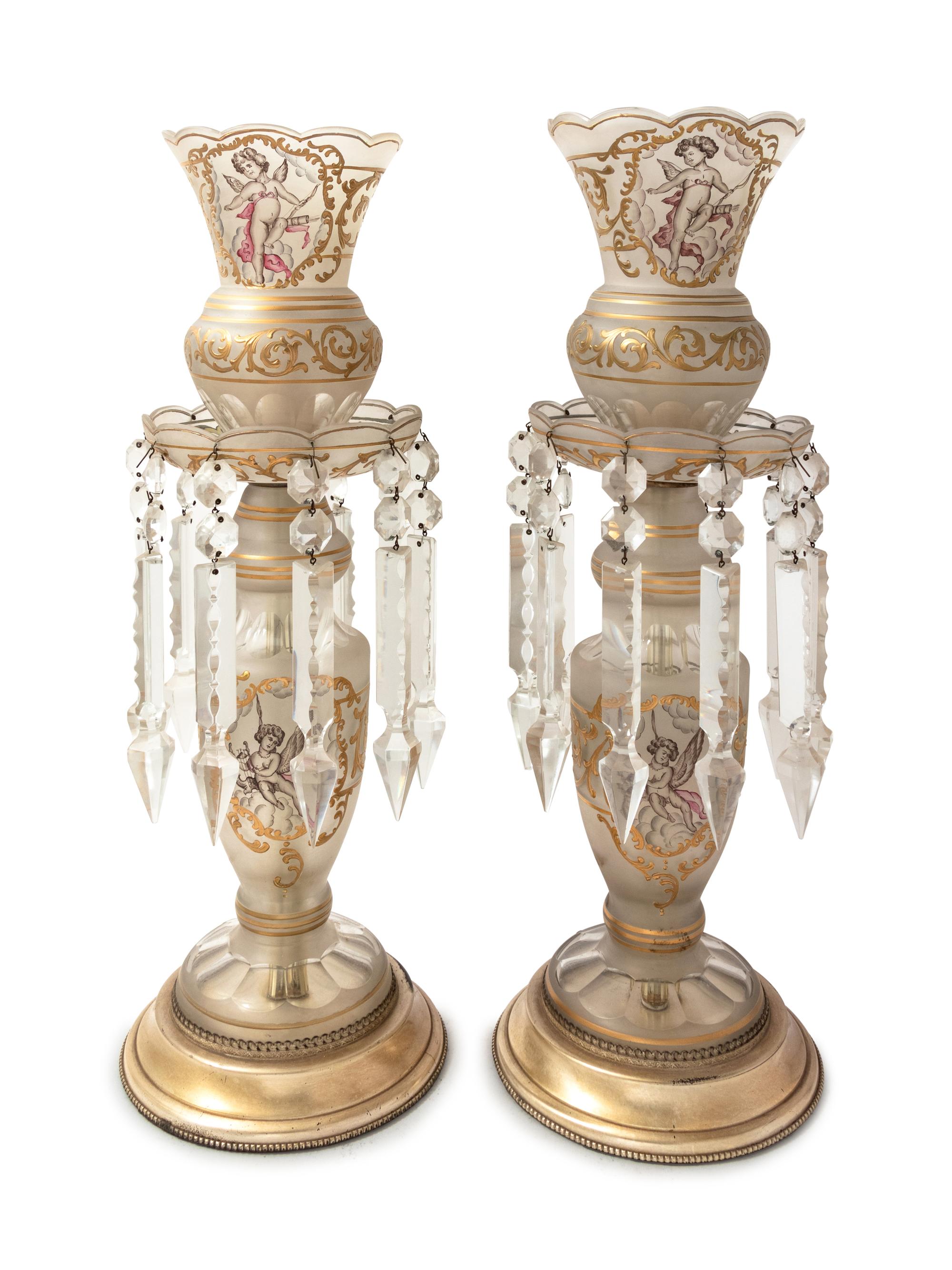 A Pair of Victorian Enameled Frosted Glass Girandoles