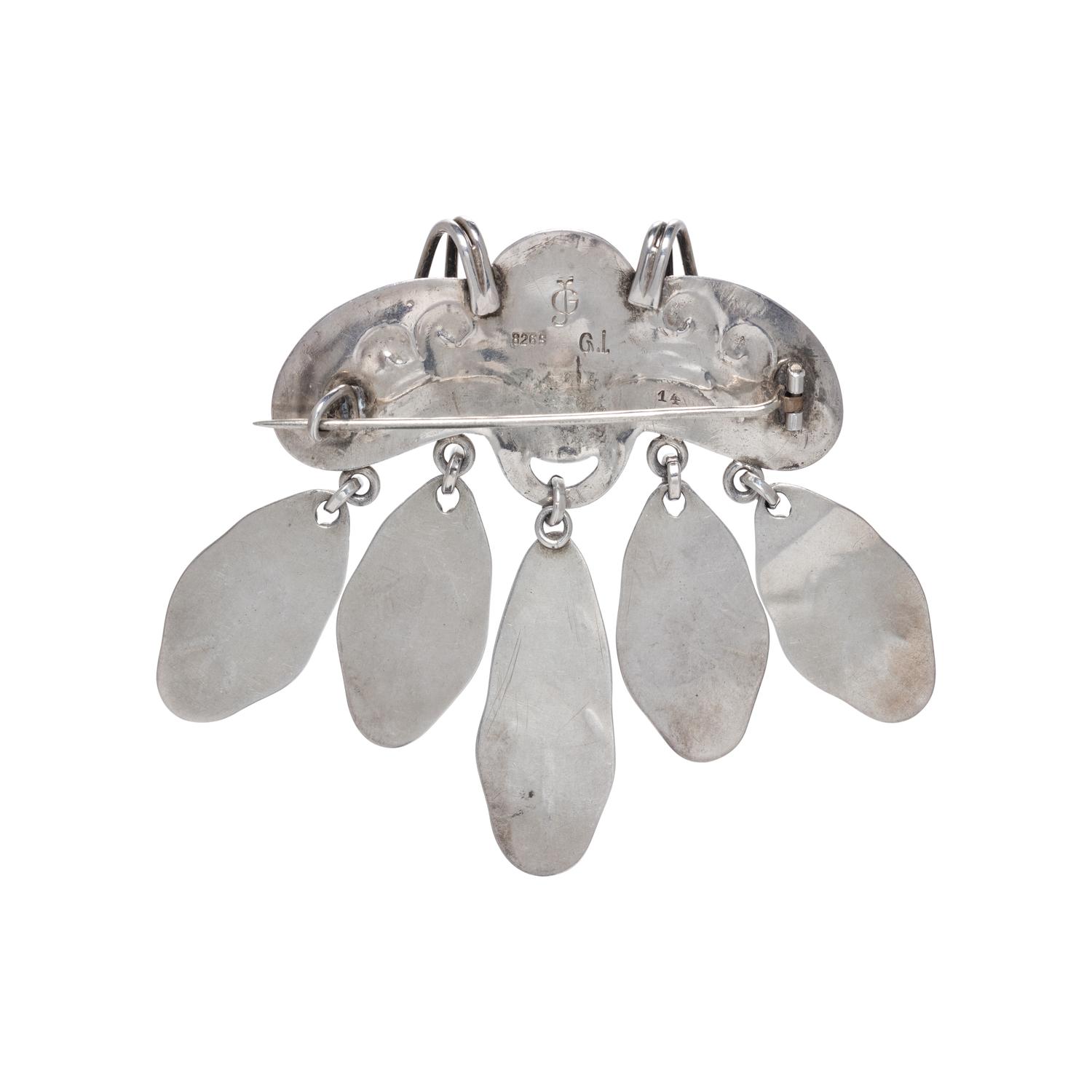 GEORG JENSEN, SILVER AND MALACHITE FOLIATE BROOCH