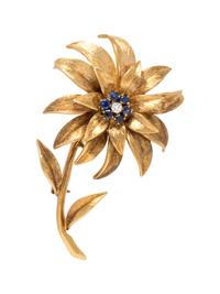An 18 Karat Yellow Gold, Diamond and Sapphire Flower Motif Brooch, Tiffany and Co., Italy,