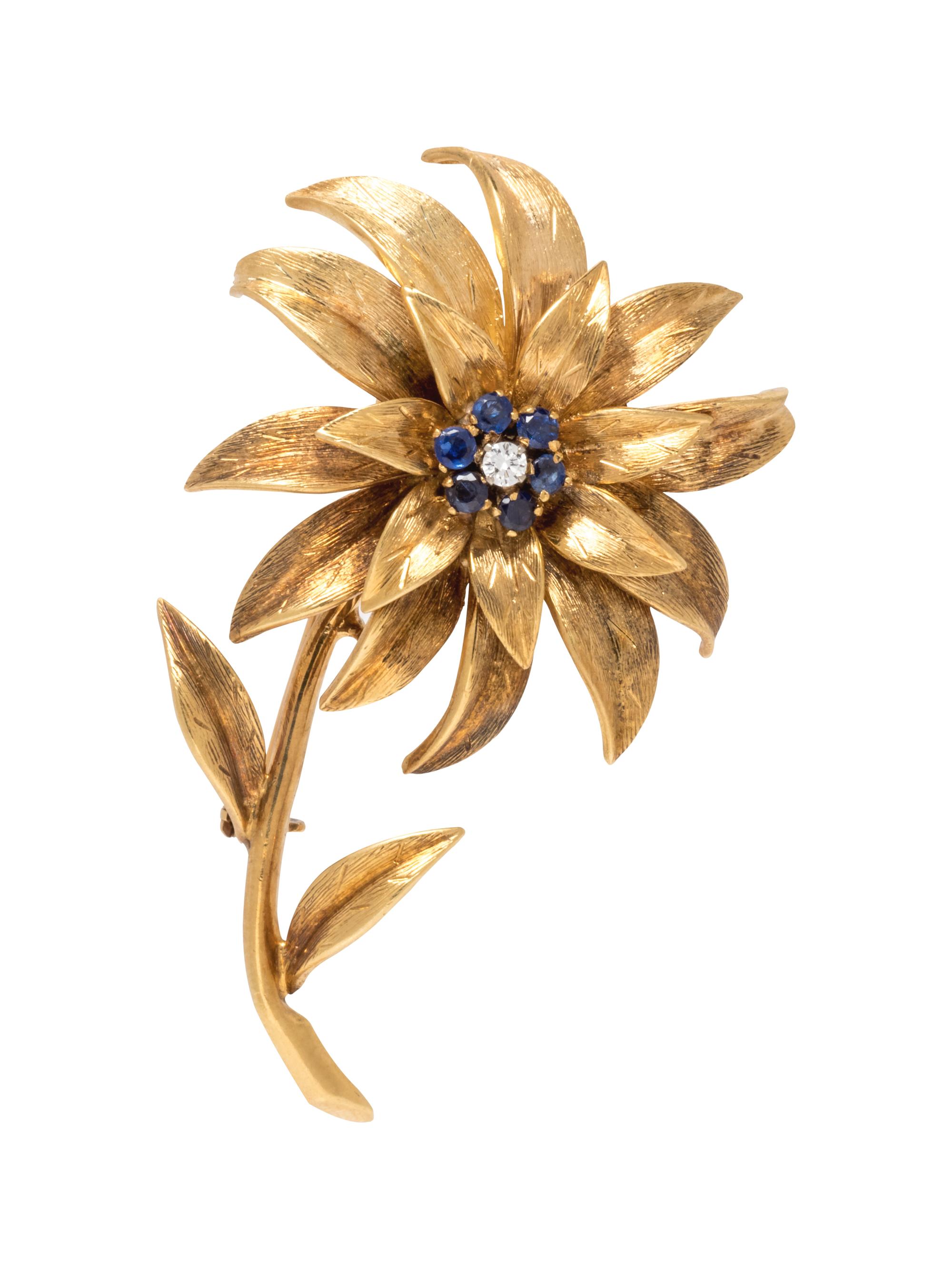 An 18 Karat Yellow Gold, Diamond and Sapphire Flower Motif Brooch, Tiffany and Co., Italy,
