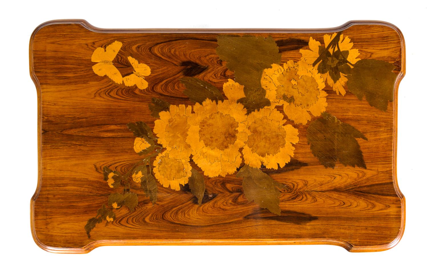 An Emile Galle Art Nouveau Marquetry Table Height 29 x width 24 1/2 x depth 15 inches.