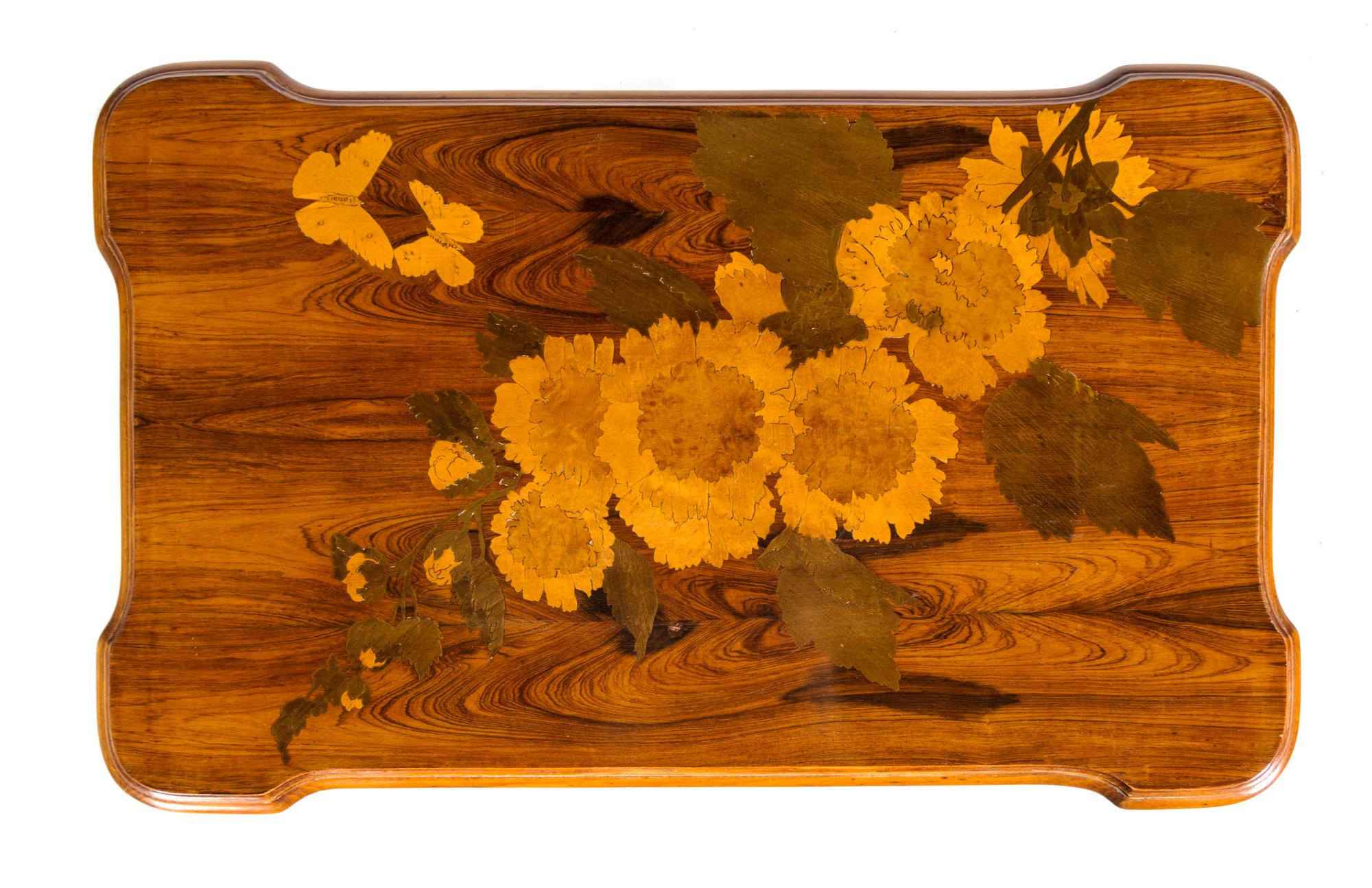 An Emile Galle Art Nouveau Marquetry Table Height 29 x width 24 1/2 x depth 15 inches.
