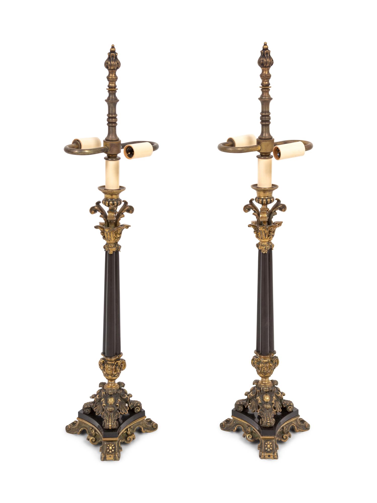 A Pair of Empire Style Gilt and Patinated Bronze Candelabra Mounted as Lamps