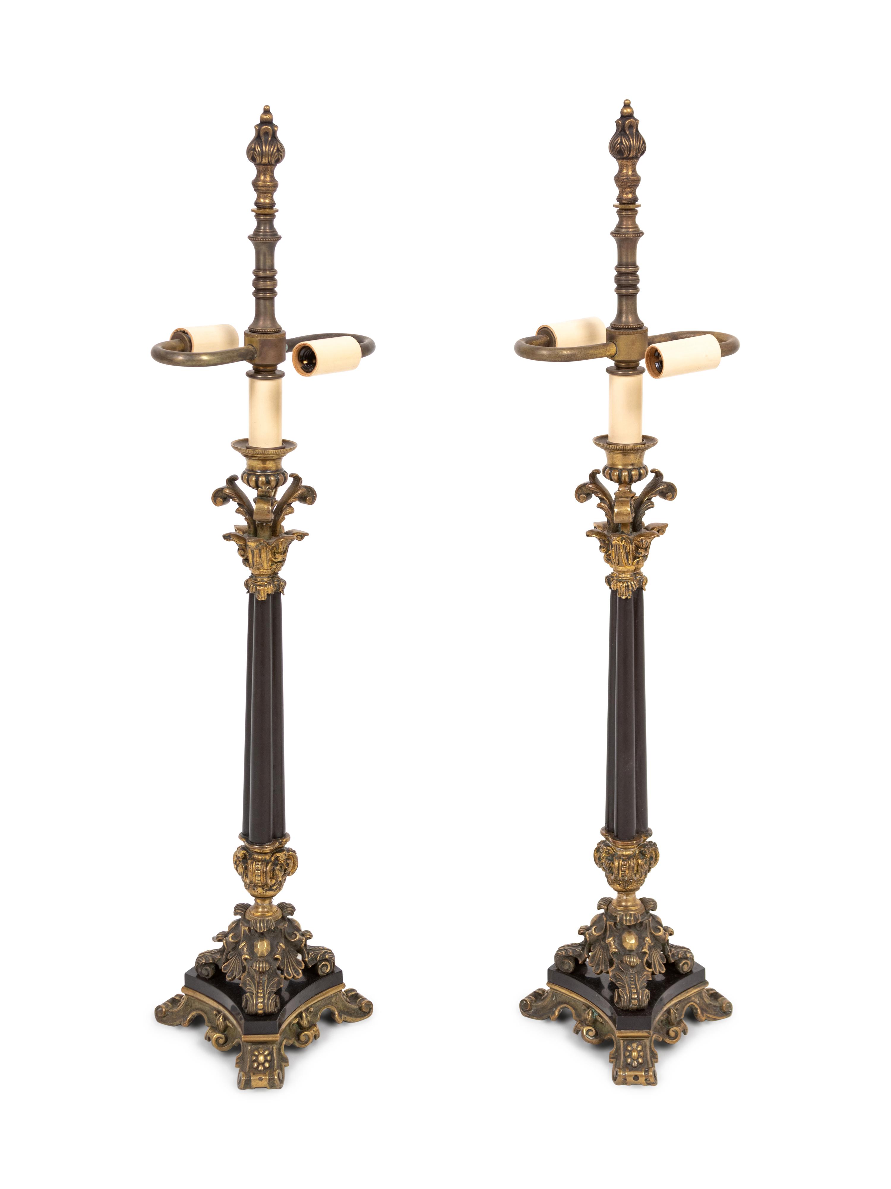 A Pair of Empire Style Gilt and Patinated Bronze Candelabra Mounted as Lamps