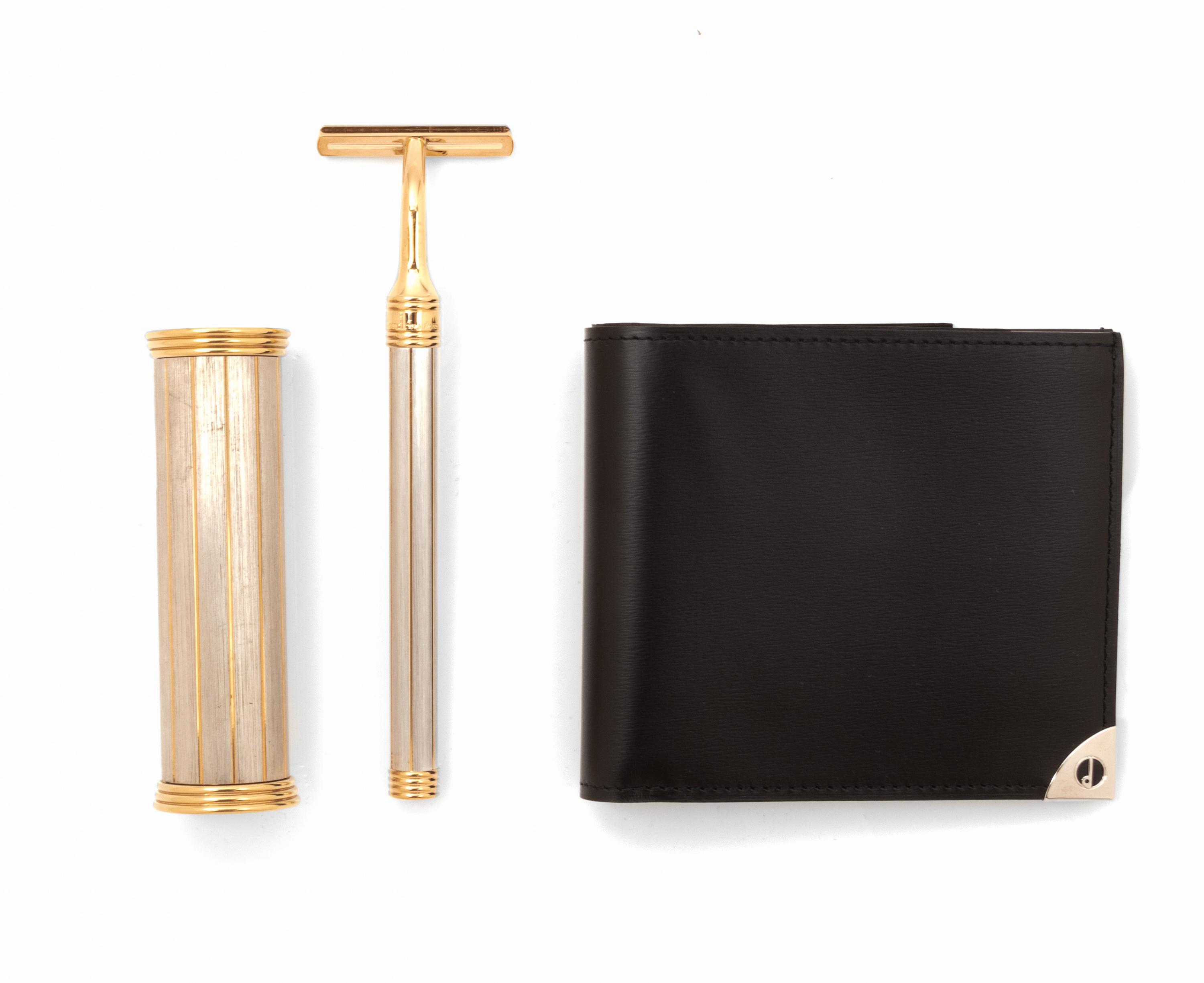 A Duhill Parcel Gilt Metal Shaving Set