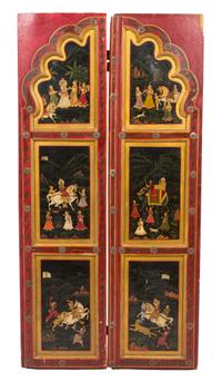 A Pair of Indian Painted and Gilt Three Panel Doors Height of each 71 x width 18 x depth 2 inches. — EARLY 20TH CENTURY