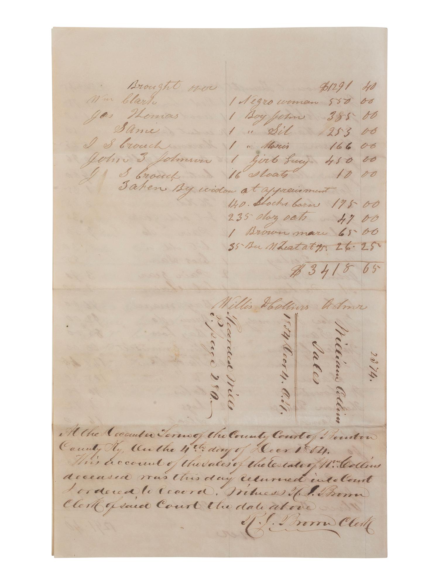 [ENSLAVEMENT & ABOLITION]. A group of 6 estate documents listing individual enslaved persons, most by name. [Bourbon County, KY]. 1831-1861.