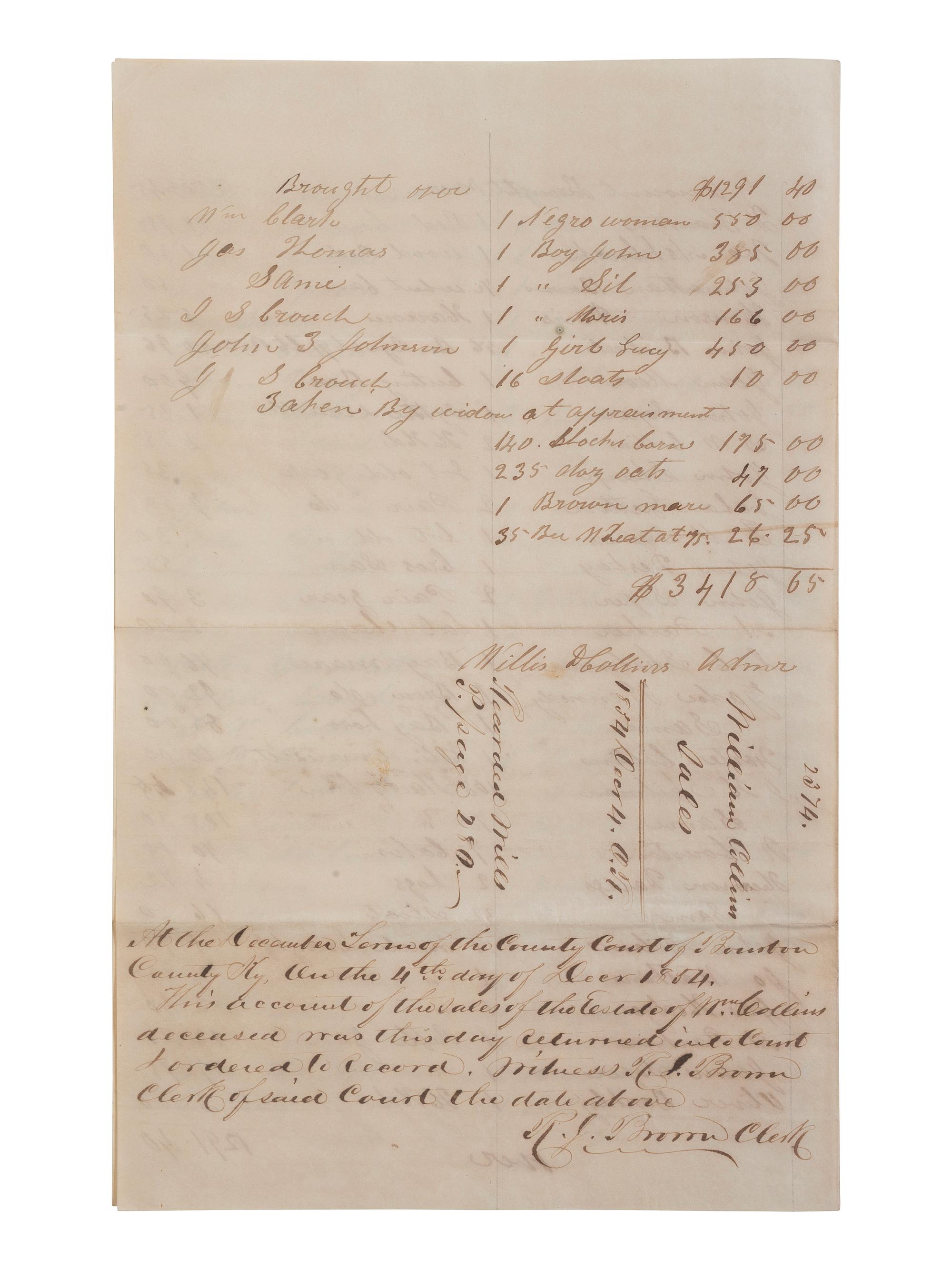 [ENSLAVEMENT & ABOLITION]. A group of 6 estate documents listing individual enslaved persons, most by name. [Bourbon County, KY]. 1831-1861.