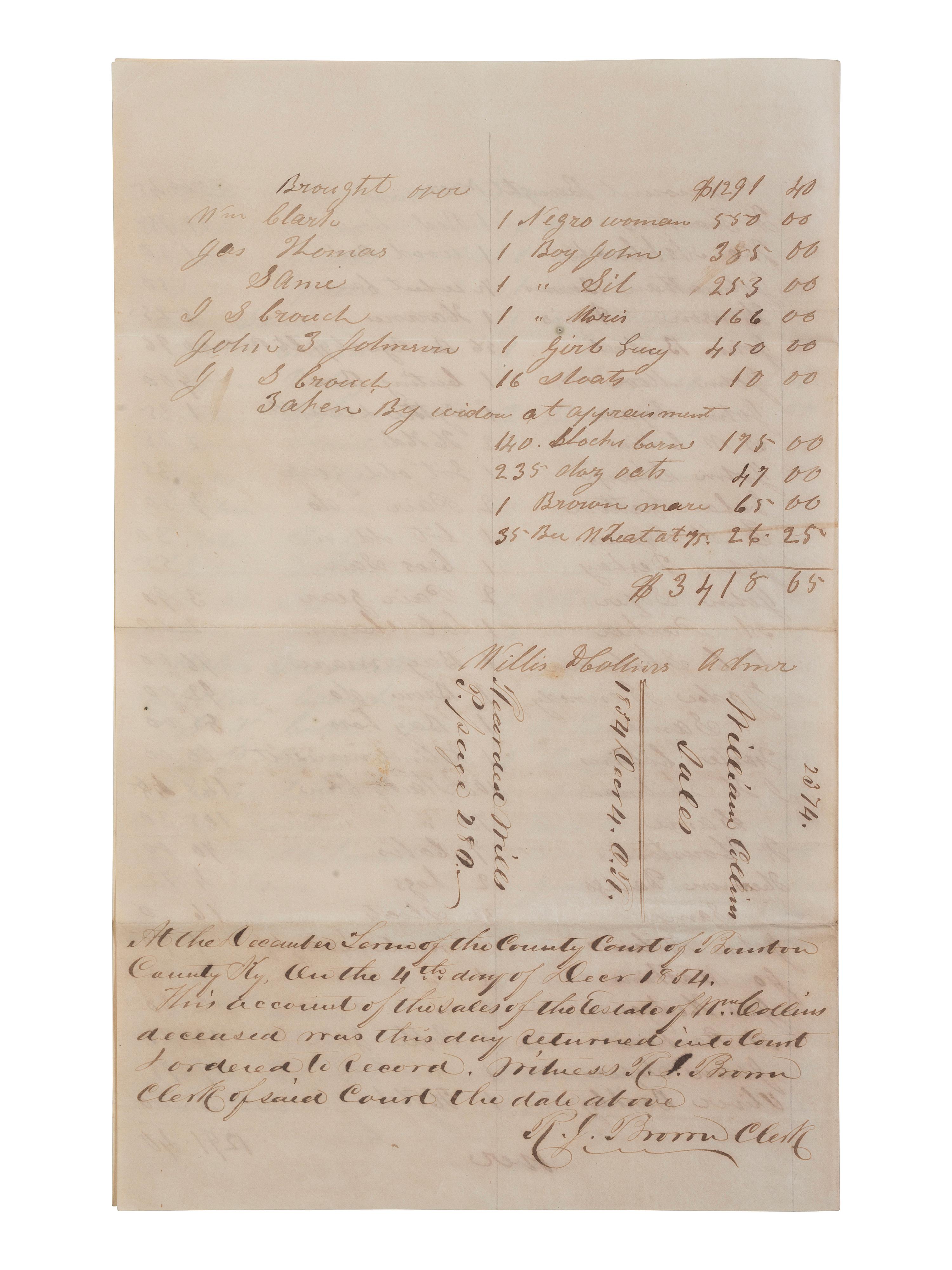 [ENSLAVEMENT & ABOLITION]. A group of 6 estate documents listing individual enslaved persons, most by name. [Bourbon County, KY]. 1831-1861.