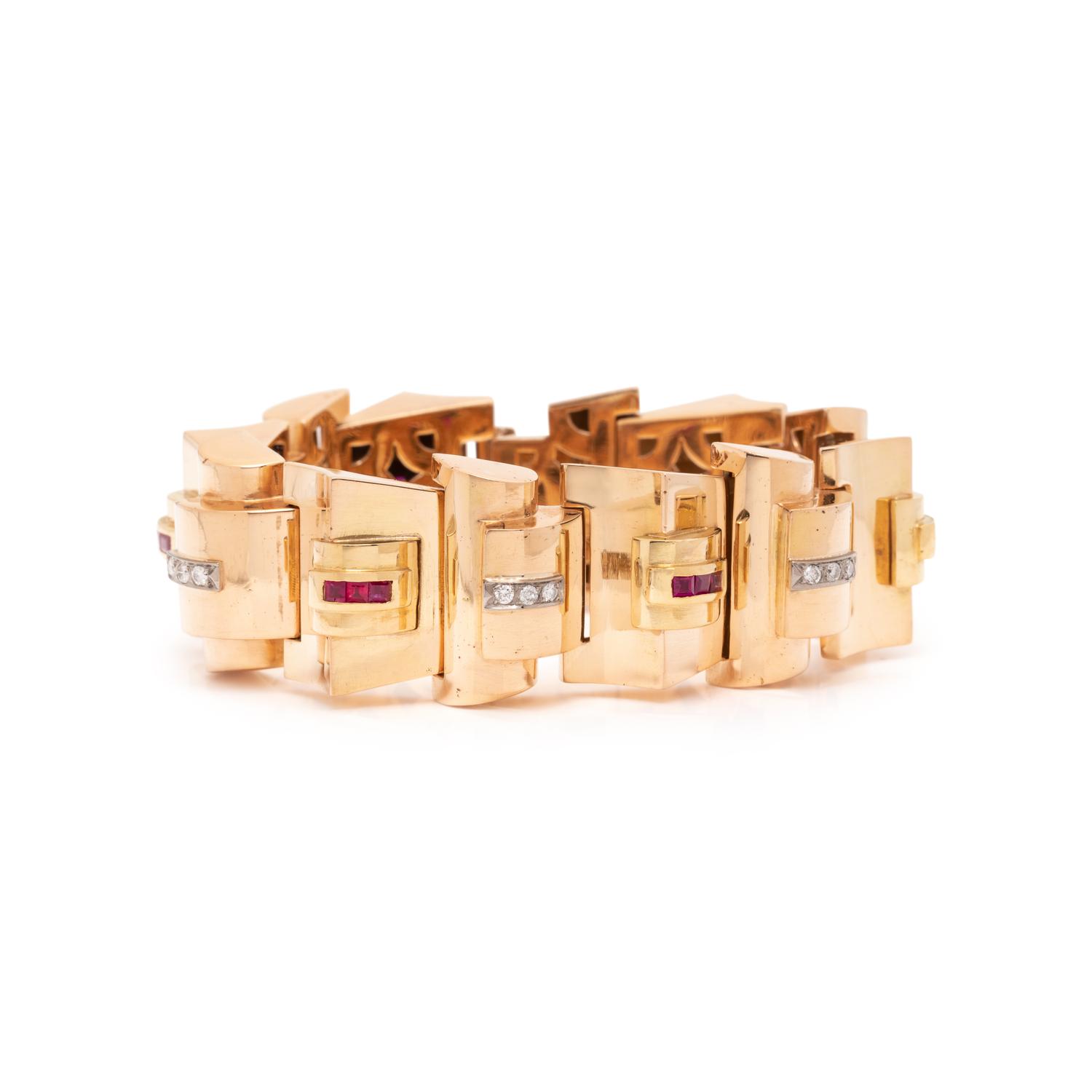 RETRO, BICOLOR GOLD, RUBY AND DIAMOND BRACELET