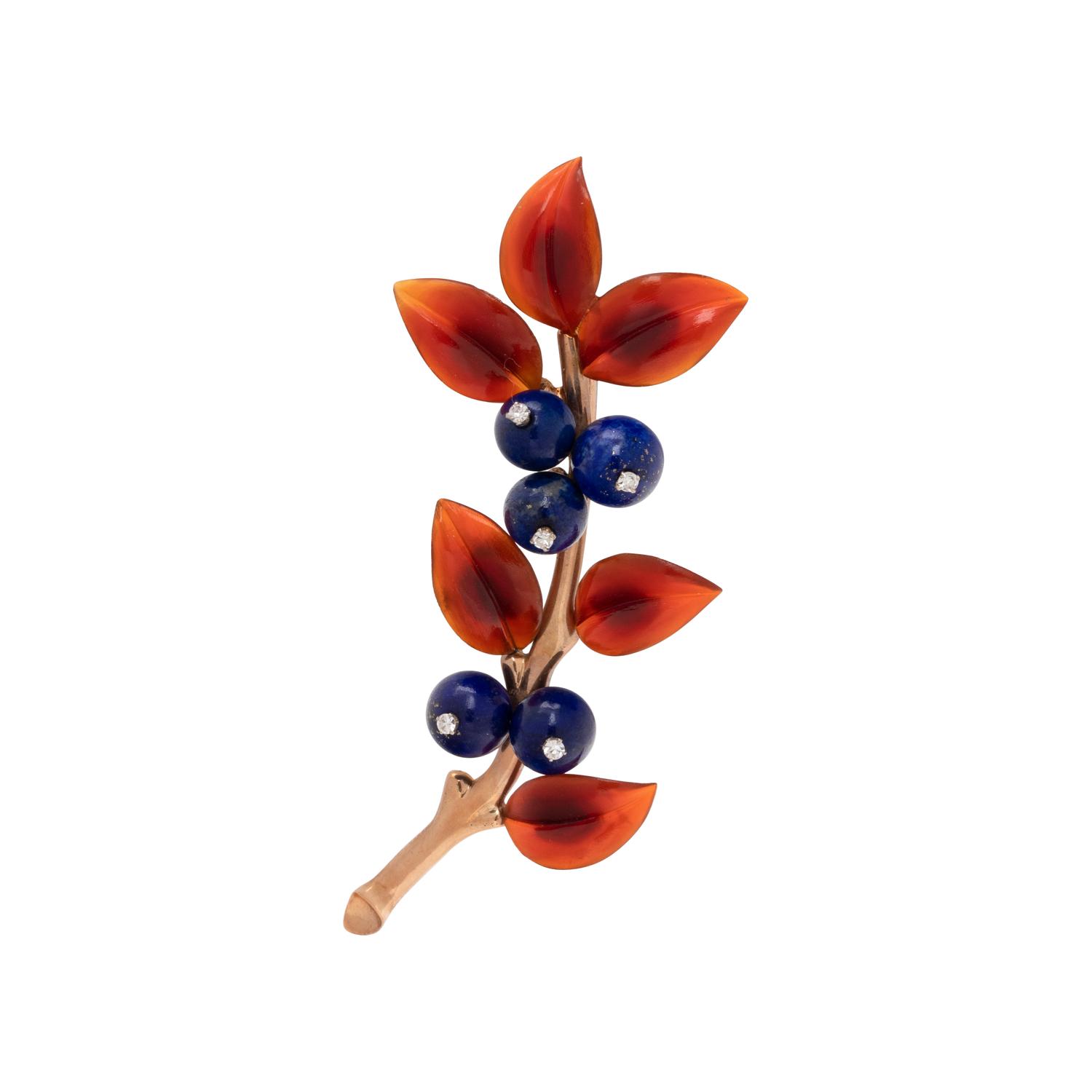 AUSTRIAN, HARDSTONE AND DIAMOND FOLIATE BROOCH