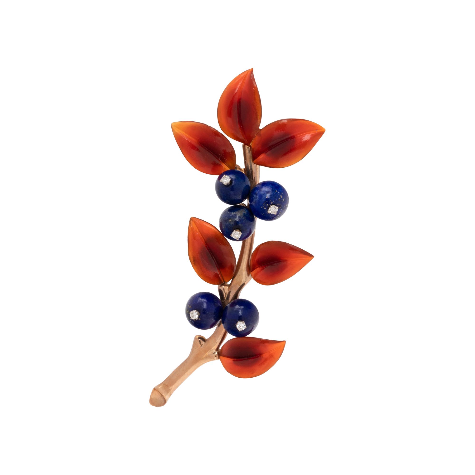 AUSTRIAN, HARDSTONE AND DIAMOND FOLIATE BROOCH