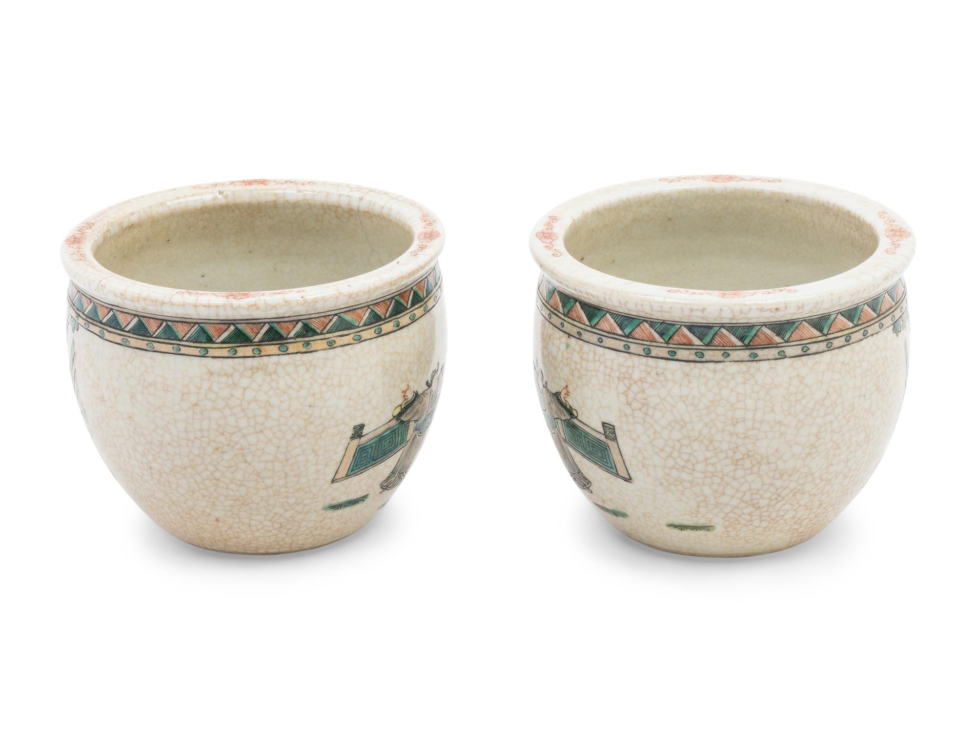 A Pair of Small Chinese Crackle Glazed Sancai Porcelain Fish Bowls and A Famille Rose Porcelain Planter