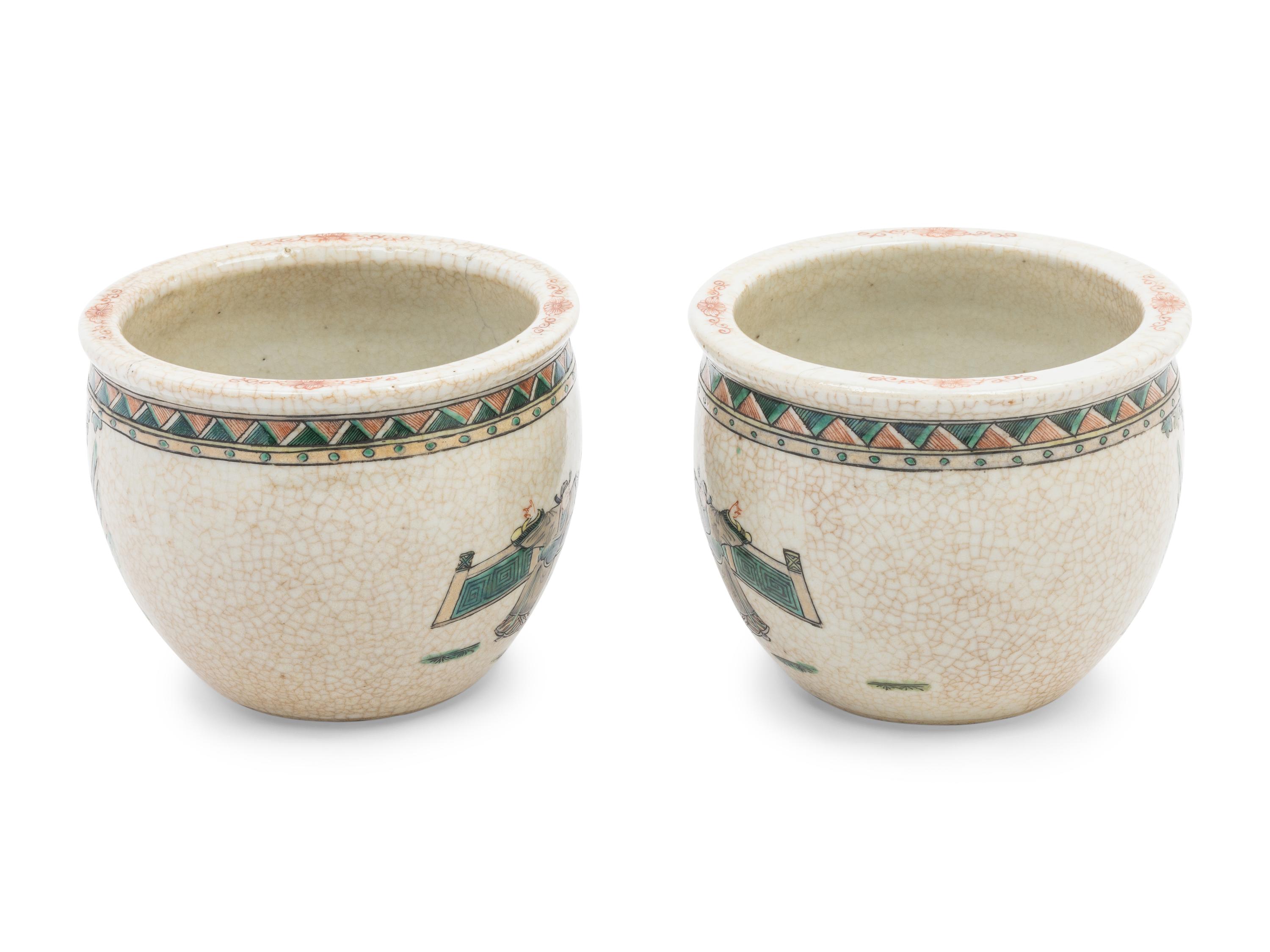 A Pair of Small Chinese Crackle Glazed Sancai Porcelain Fish Bowls and A Famille Rose Porcelain Planter