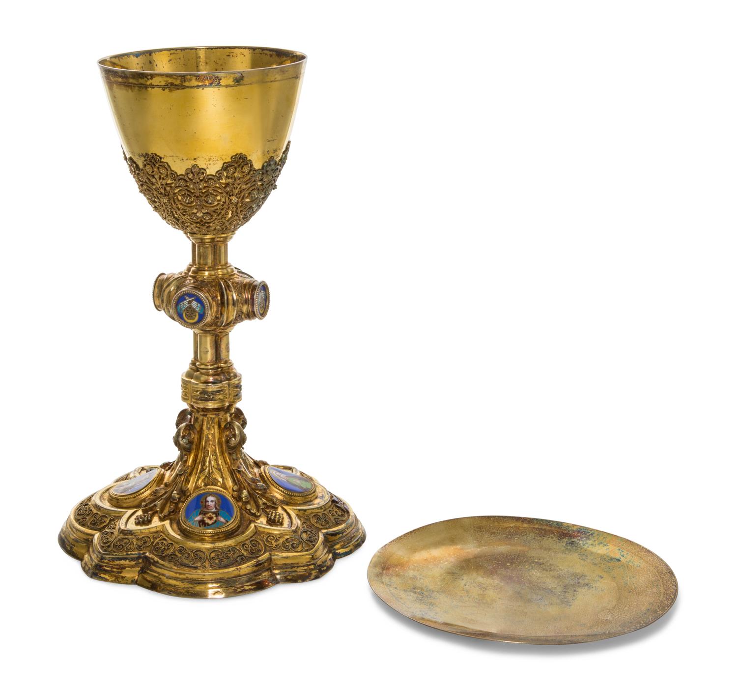 A French Silver-Gilt and Enamel Chalice and Paten, Demarquet Freres, Paris, 19th Century, the chalice of baluster form mounted with ena