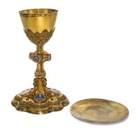 A French Silver-Gilt and Enamel Chalice and Paten, Demarquet Freres, Paris, 19th Century, the chalice of baluster form mounted with ena