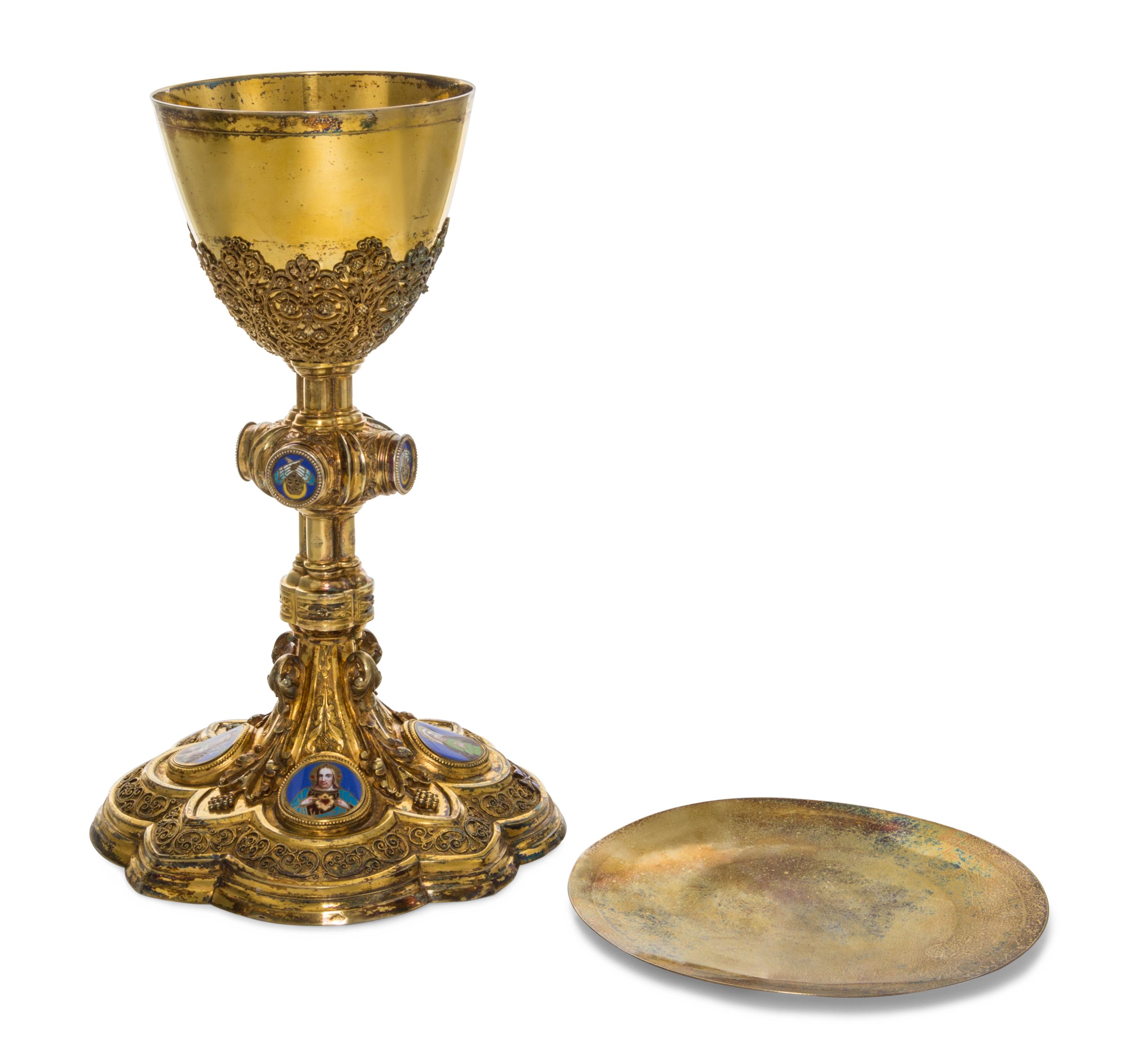 A French Silver-Gilt and Enamel Chalice and Paten, Demarquet Freres, Paris, 19th Century, the chalice of baluster form mounted with ena
