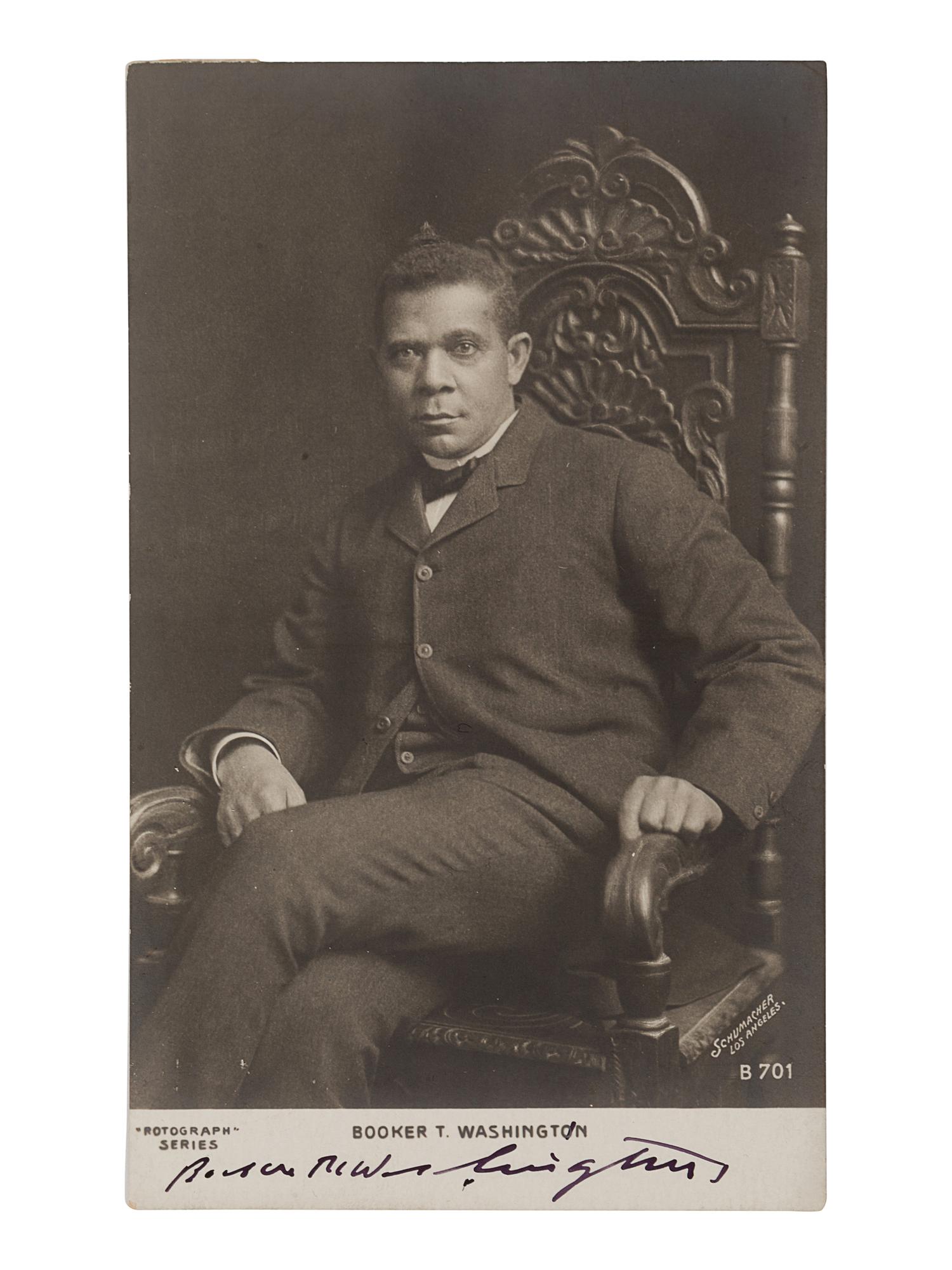 [WASHINGTON, Booker T. (1856-1915)]. Rotograph postcard. New York: The Rotograph Company, n.d., ca 1902. SIGNED BY WASHINGTON.