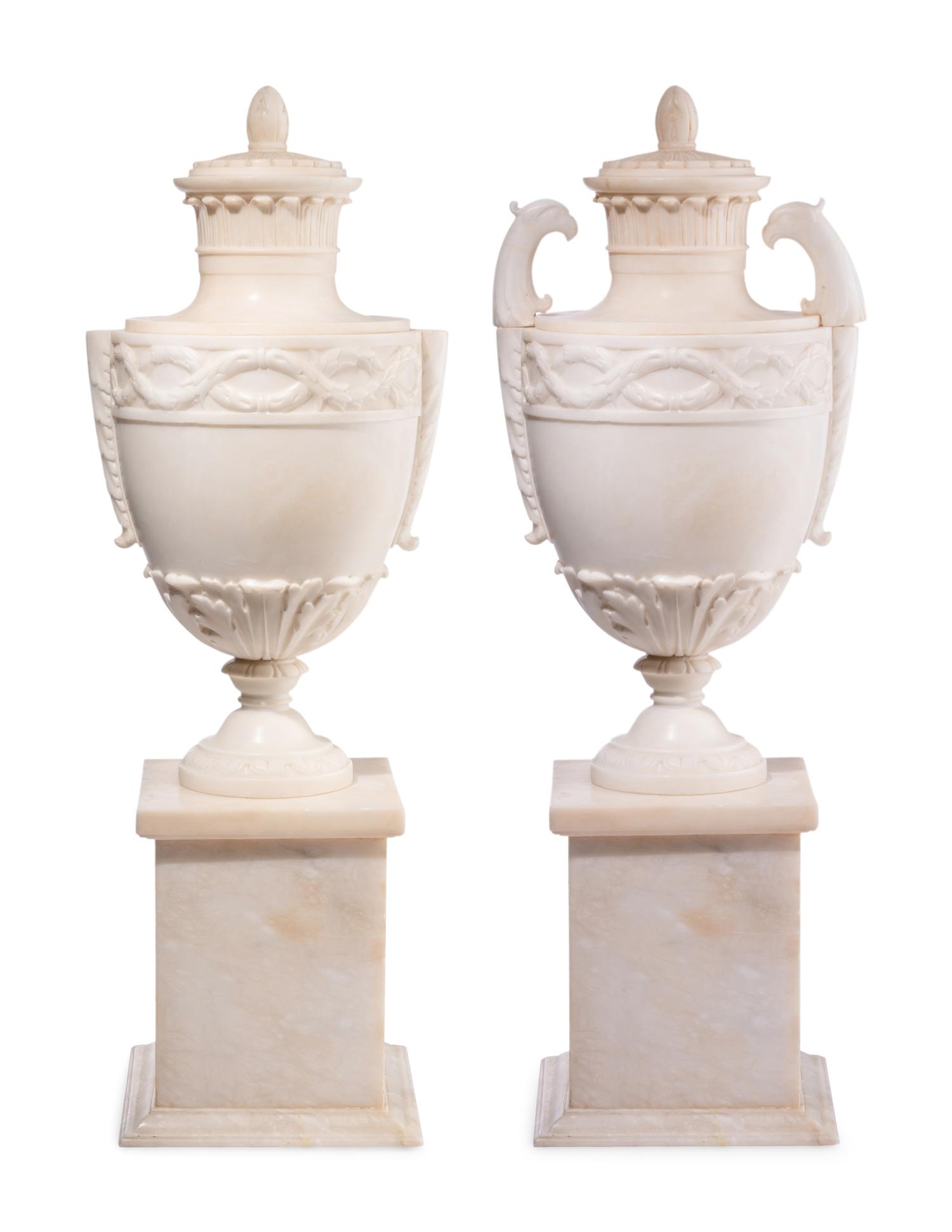 A Pair of Italian Alabaster Urns and Covers