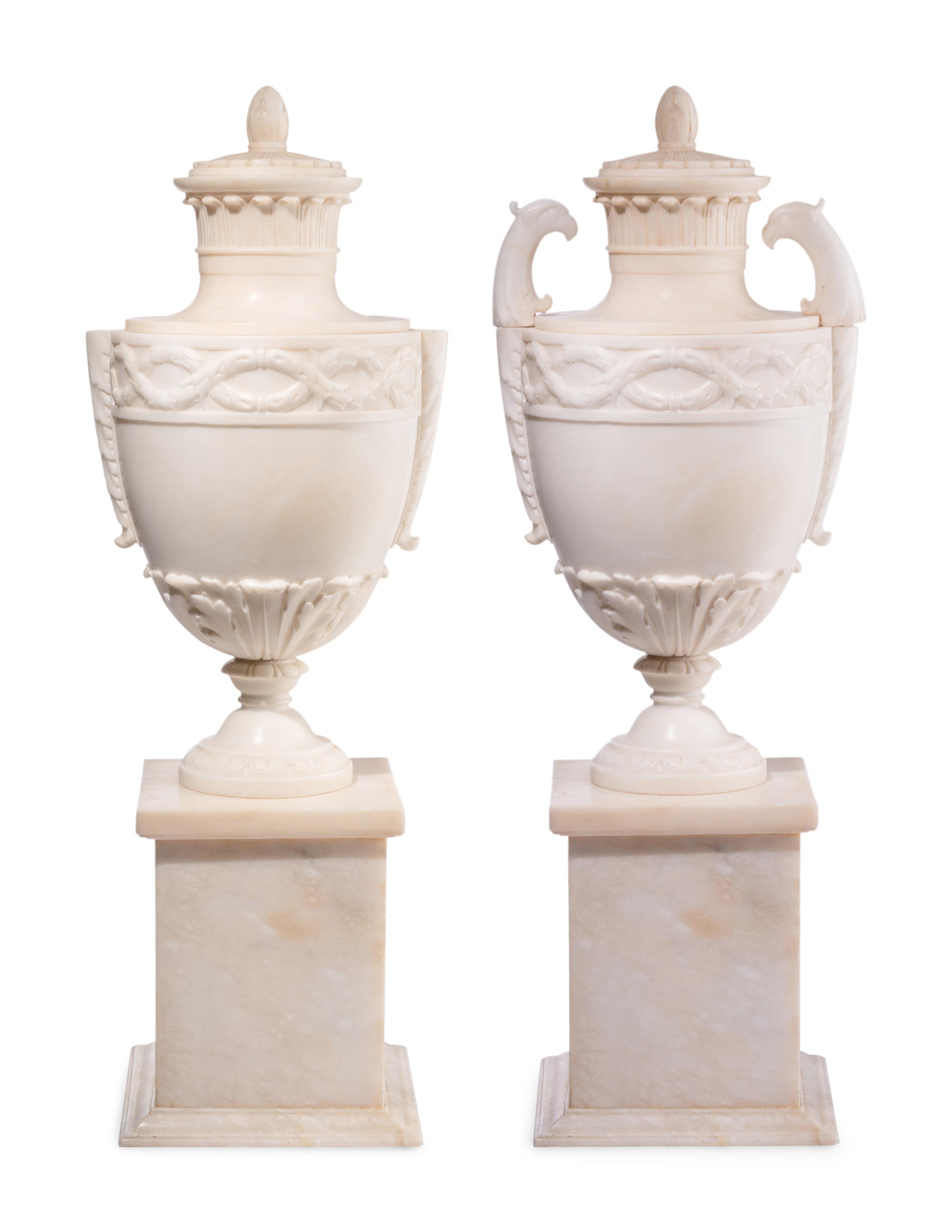 A Pair of Italian Alabaster Urns and Covers